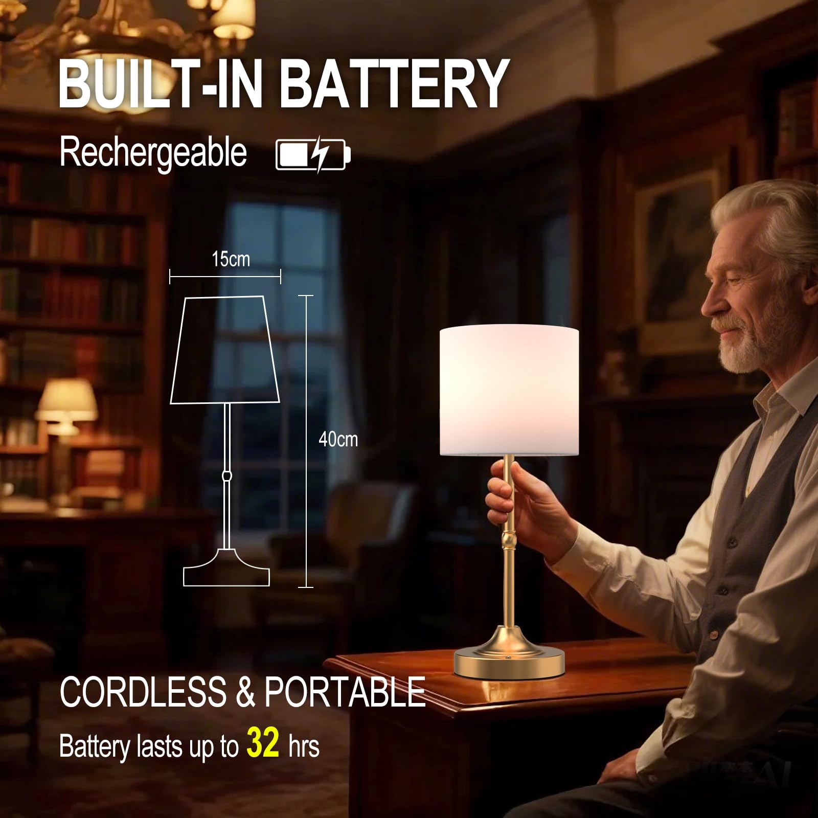 Yyxgoob Cordless Led Table Lamp,Portables Fabric Shade Desk Lamps, Rechargeable Battery Powered Lighting, Dimmable Light For Din