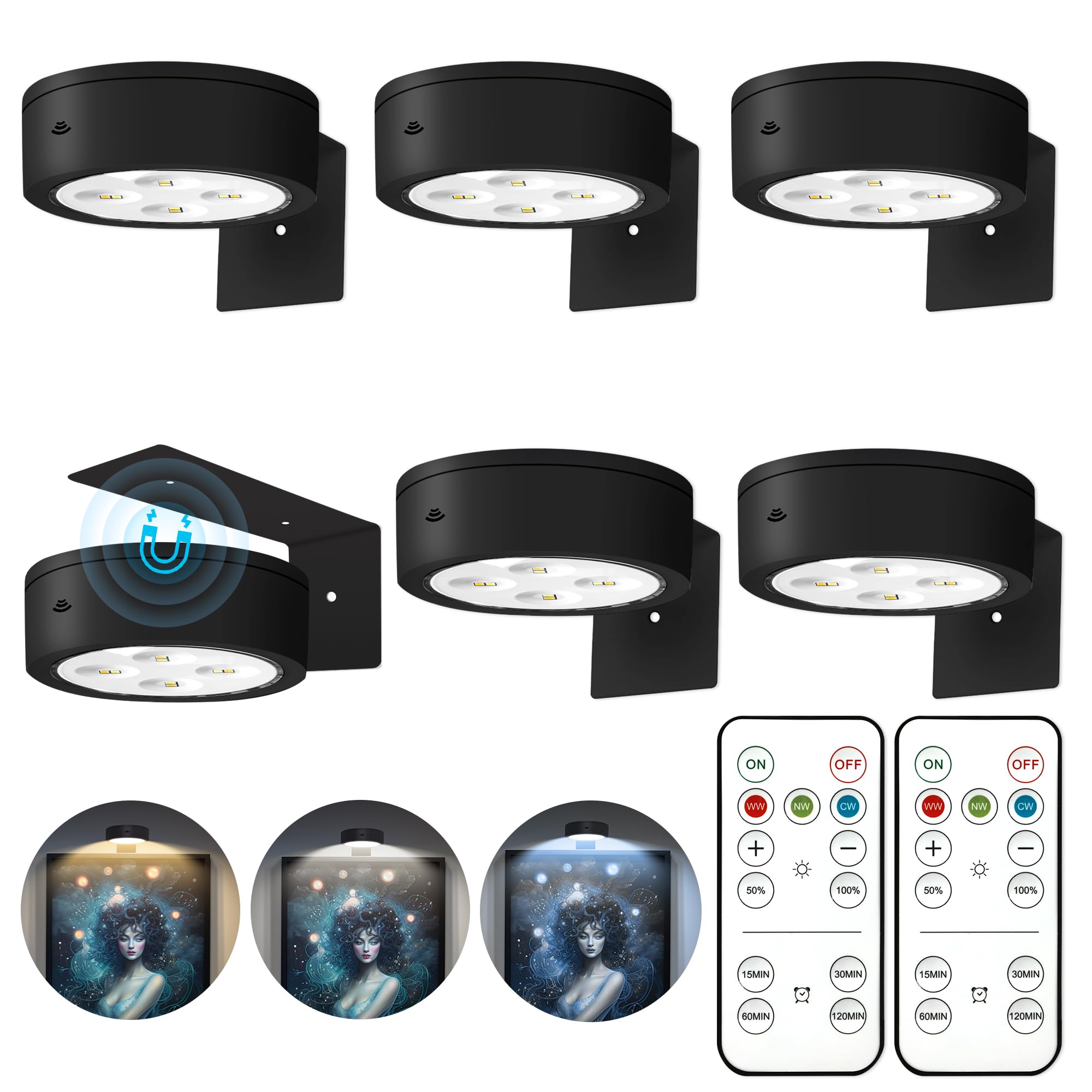 6Pcs Picture Lights for Wall Battery Operated, Magnetic Led Painting Light with Remote Dimmable and Timer, 3 Lighting Modes Art 