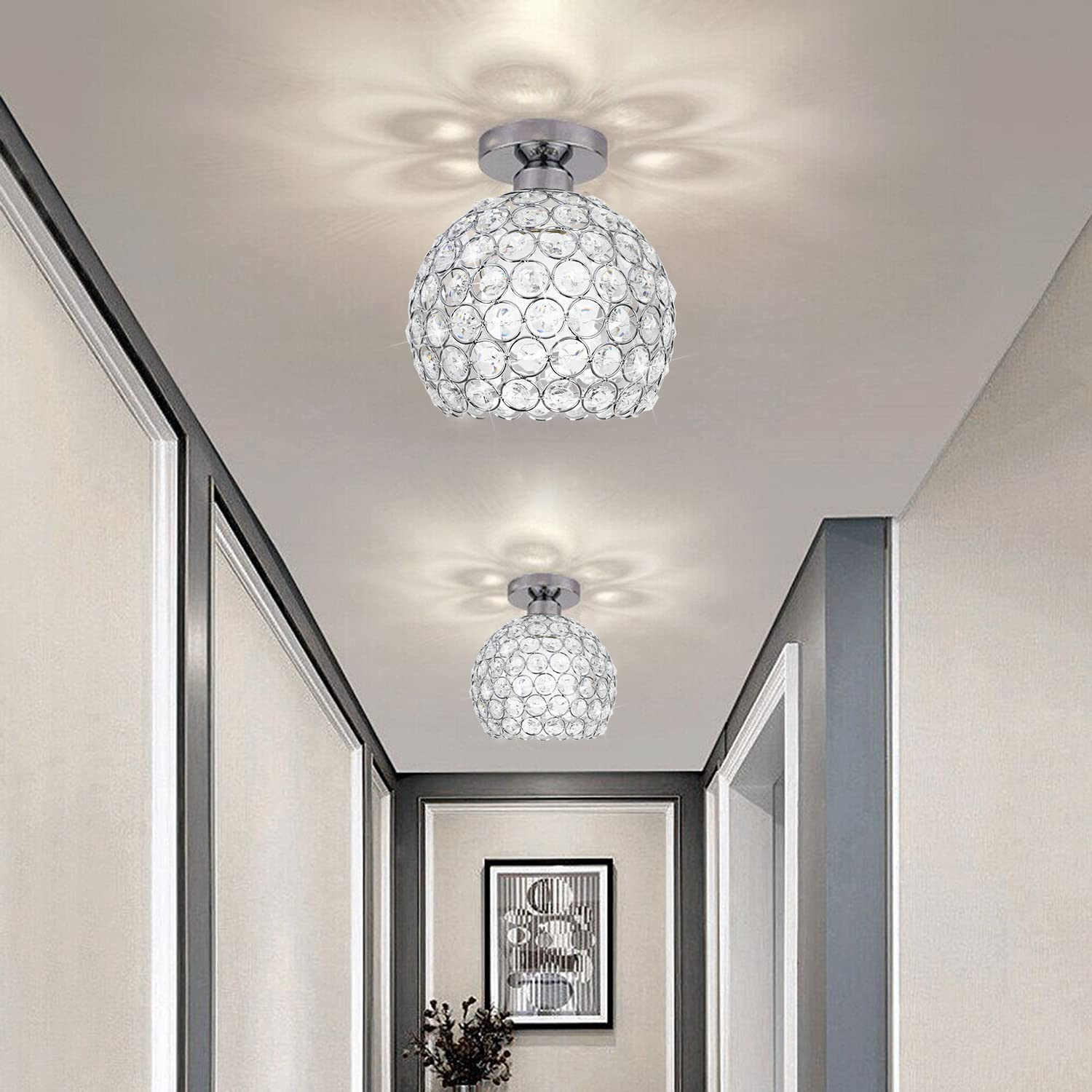 TISLYCO Small Chandelier, Modern Semi Flush Mount Light Fixture, Silver Crystal, 7.7inx8in, Elegant Silver for Hallway, Foyer, Dining Room
