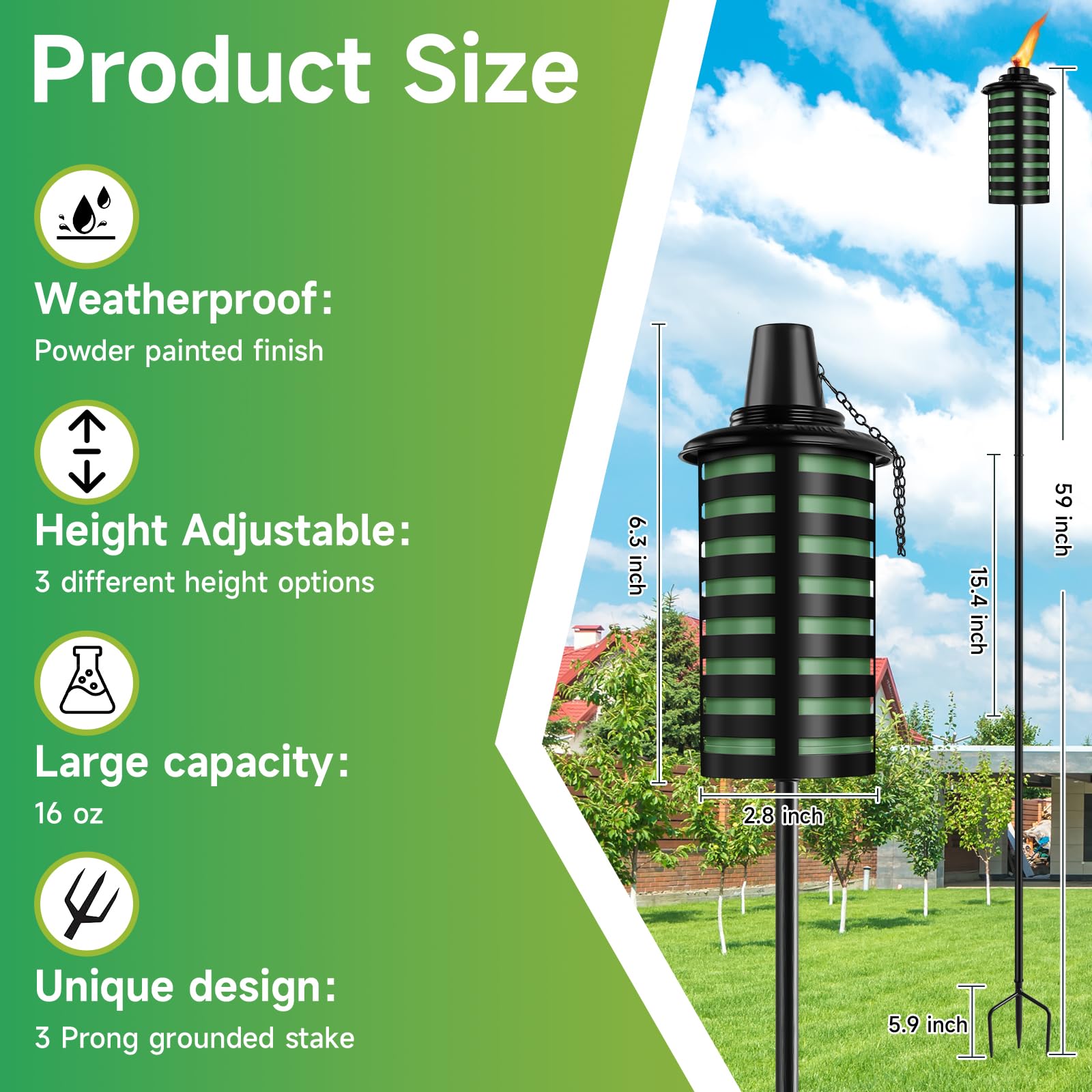 Fan-Torches 6 Pack Citronella Metal Garden Torches, 59-Inch, Outdoor Patio Décor