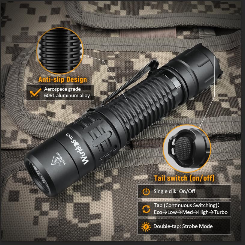Wurkkos TD02 Tactical Flashlight, 2000 Lumens, Rechargeable, Aluminum, Black, EDC, Type C Charging, Model TD02-Black