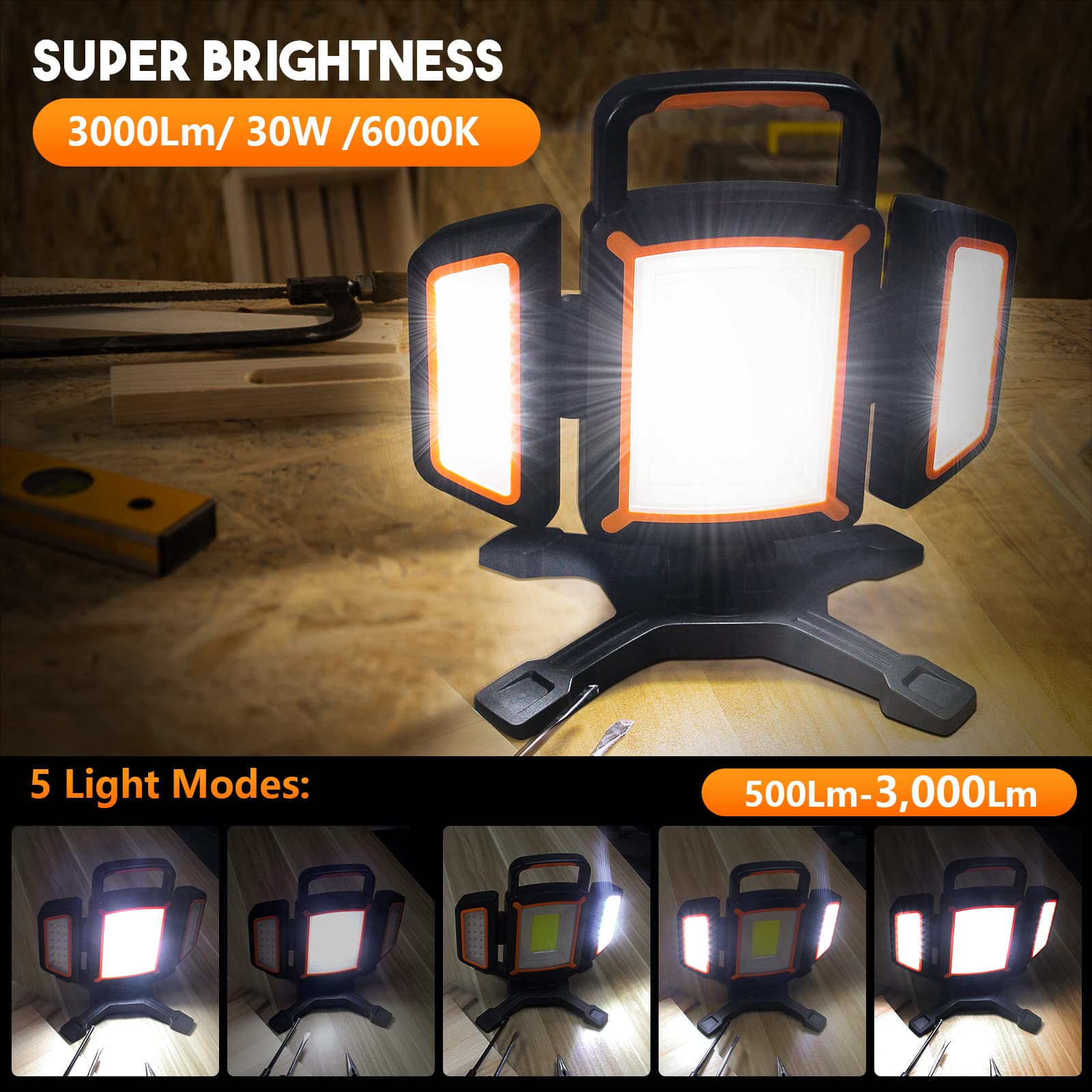 Tresda 30W Rechargeable Magnetic Work Light - 3000 Lumen, Waterproof, Portable, Orange for Construction, Garage, Camping, Car Repair