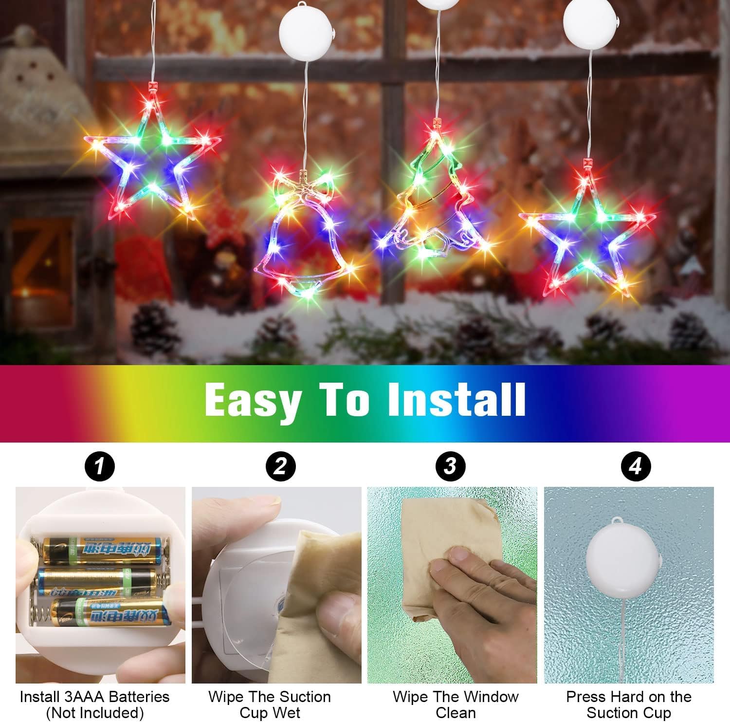 Christmas Window Lights Decorations,3Pcs Christmas Lights Lighted Star Jingle Bell Christmas Tree Battery Operated Indoor Lights With Suction Cup For Fireplace Christmas New Year Window Decorations