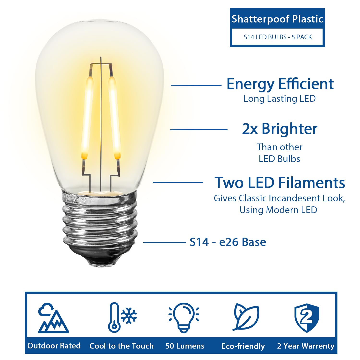 Novelty Lights Outdoor String Light Dual-Filament Replacement Bulbs, 25 Pack S14 Led Edison Shatterproof Plastic, E26 Base, 30,0