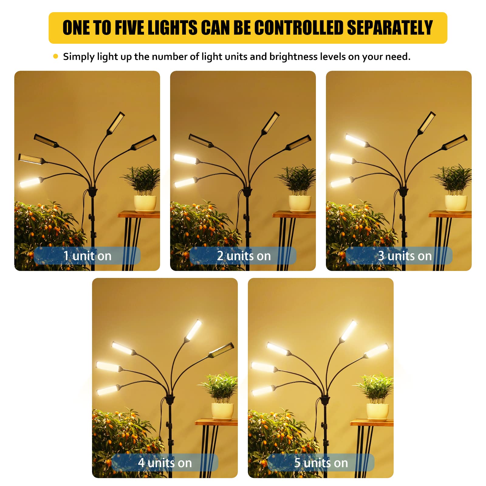 Grow Lights For Indoor Plants, Aukphie Full Spectrum Led Grow Light With Stand, Auto On/Off Timing 3/6/9/12/15/18H & 10 Brightness Levels, Plant Light For Indoor Plants With 450 Leds. (5 Light Heads)