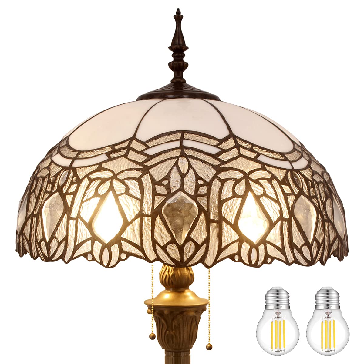 WERFACTORY Tiffany Floor Lamp Crystal Bead White Stained Glass Standing Reading Light 16X16X64 Inches Antique Pole Corner Lamp D