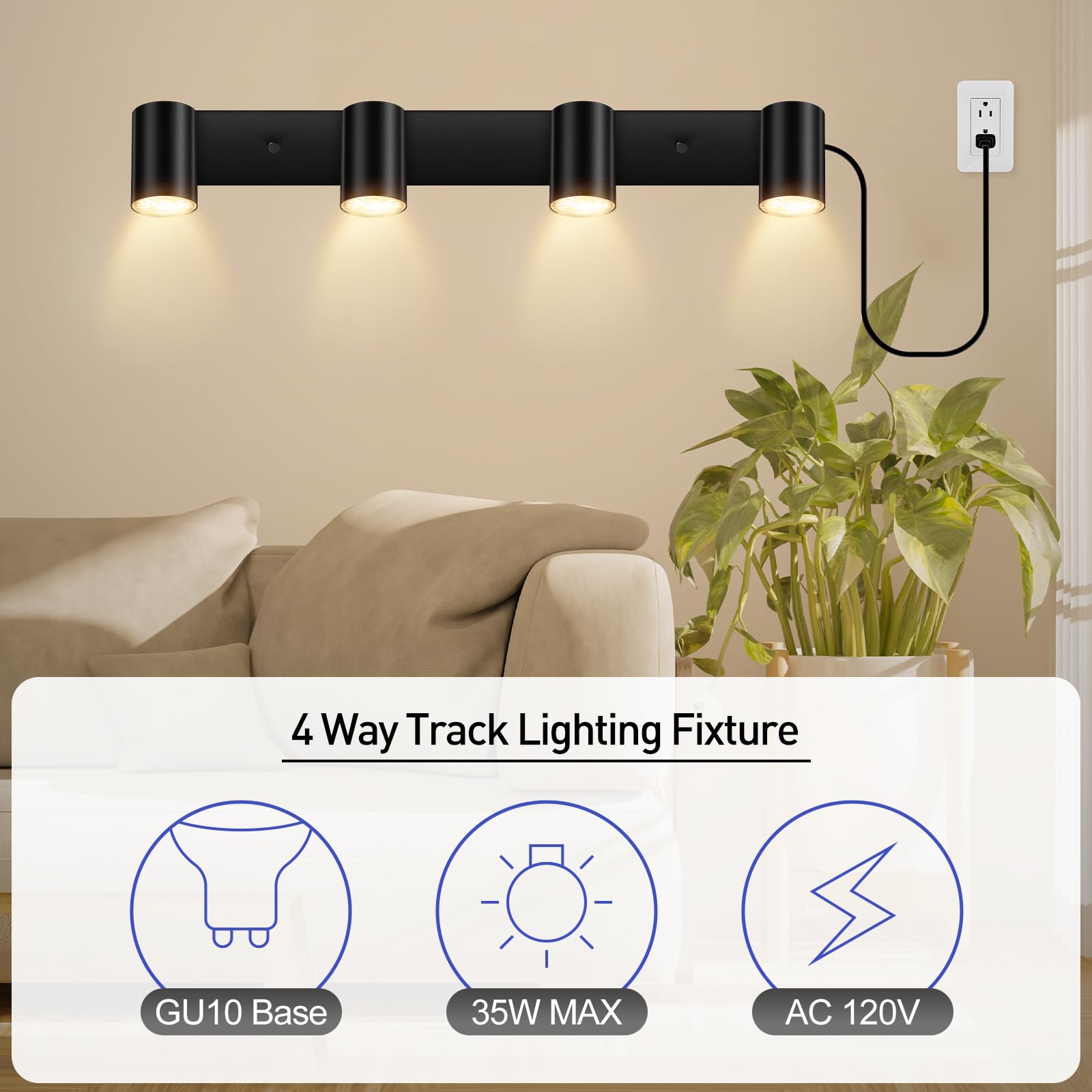 Boostarea Plug In Track Lighting, Led Track Light Kit, Black 4-Light Track Lights For Kitchen, 15 Ft Cord,4 Way Ceiling Spotligh
