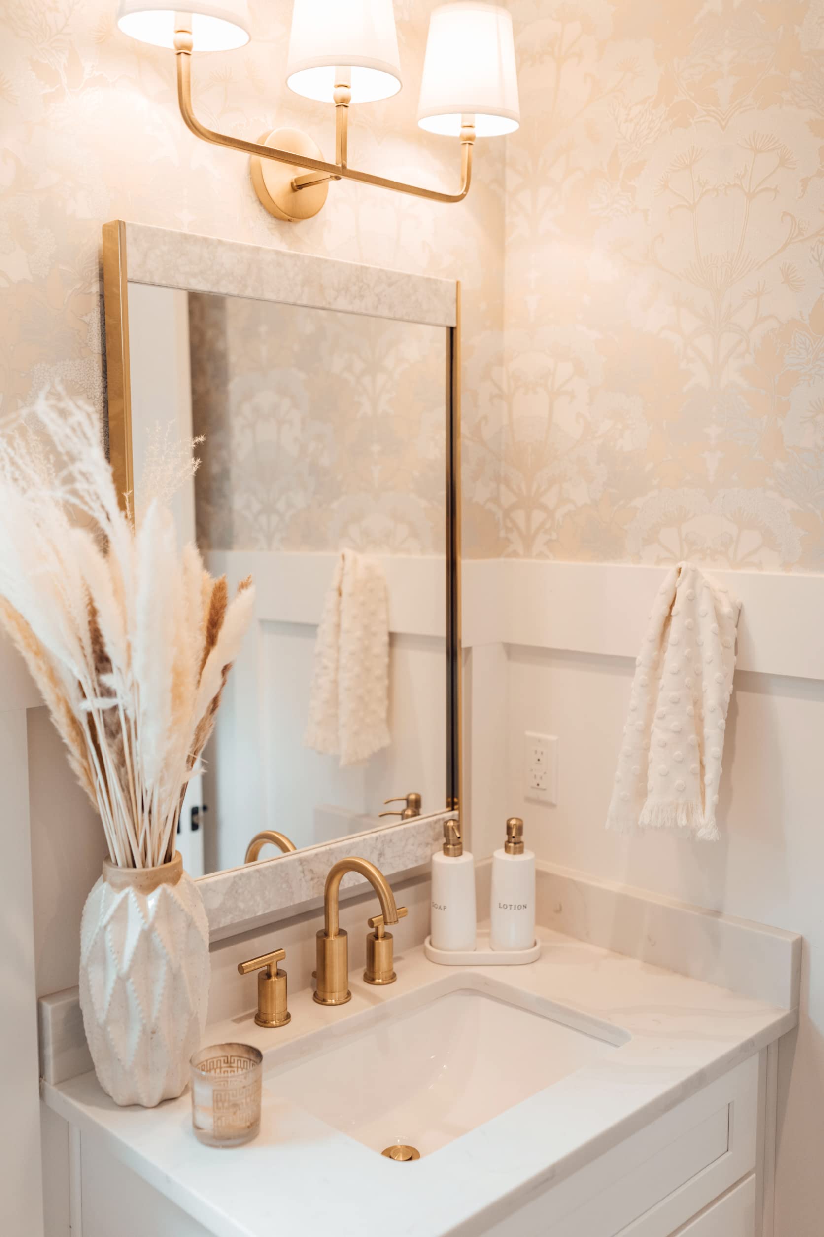 Capital Lighting Dawson 3-Light Bath Vanity Wall Mount, Aged Brass, 12in H x 26in W, Model 119331AD-674, Decorative White Fabric Shade