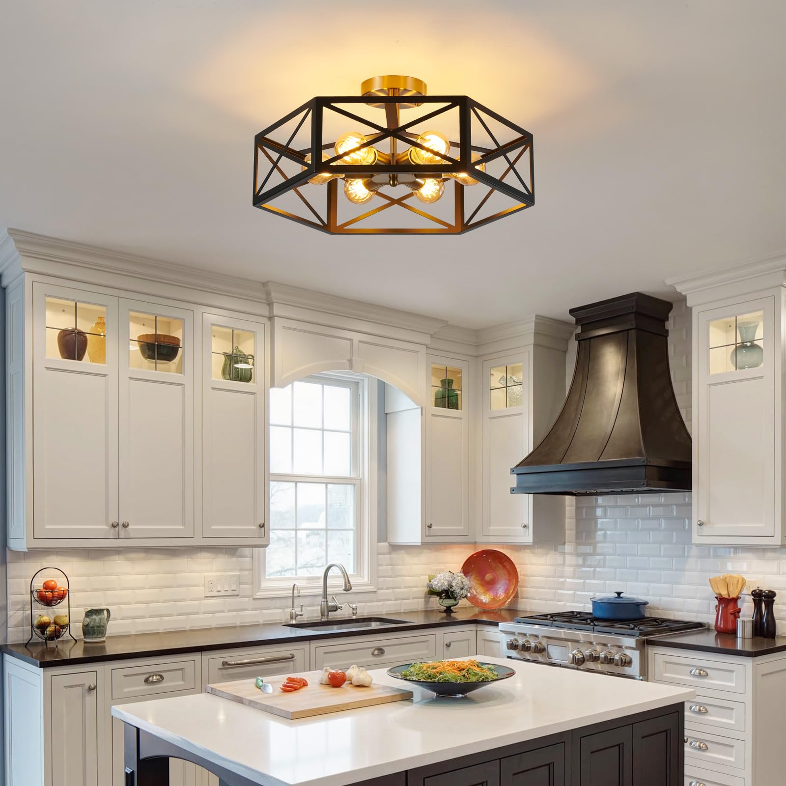 XSDeTu 6-Light Semi Flush Mount Ceiling Light, Black & Gold Metal Hexagon Cage, Industrial Style for Kitchen & Bathroom