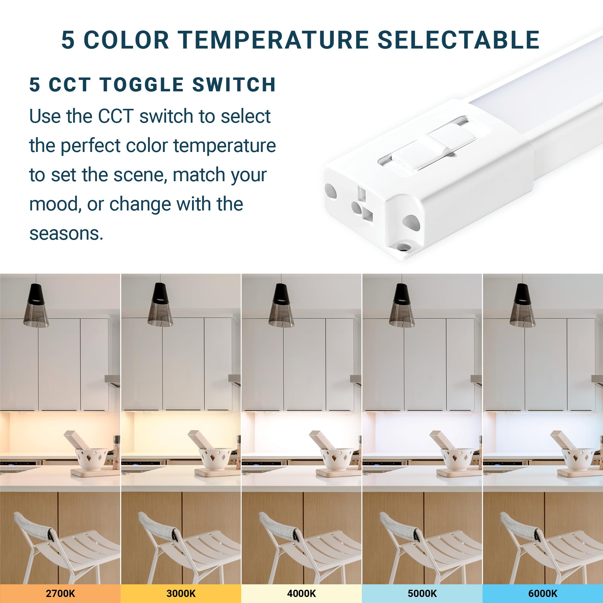 Parmida LED Under Cabinet Lighting Kit, 12 Inch, 5CCT Color Selectable, Dimmable, Linkable, Model PLED-UC120V-5KW-6P
