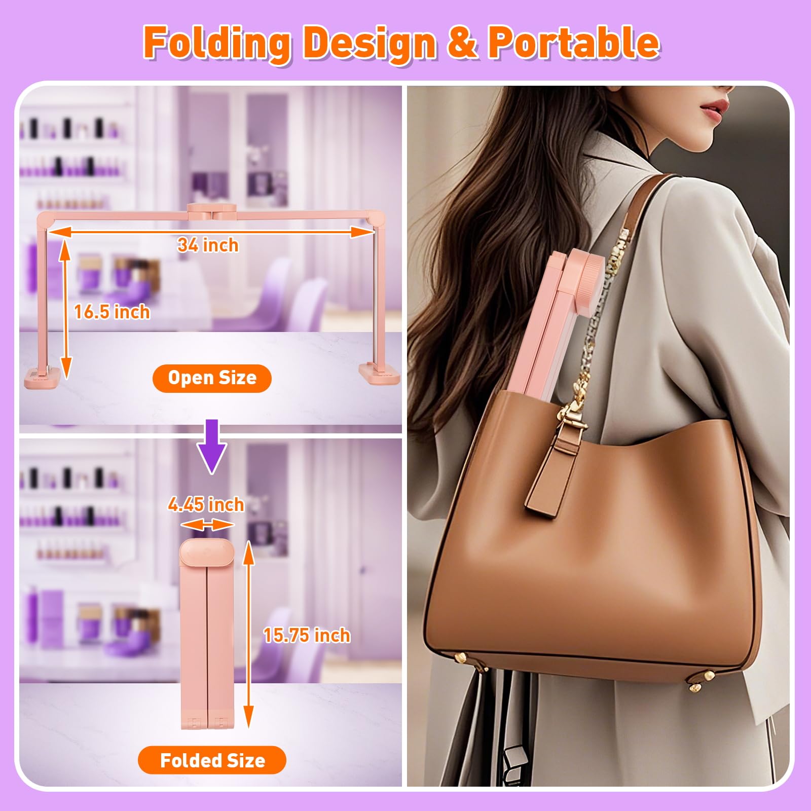 HITTI Nail Light Lamp, 34in Foldable with Phone Holder, Dimmable, Pink, Super Large, Model ZJD-Pink