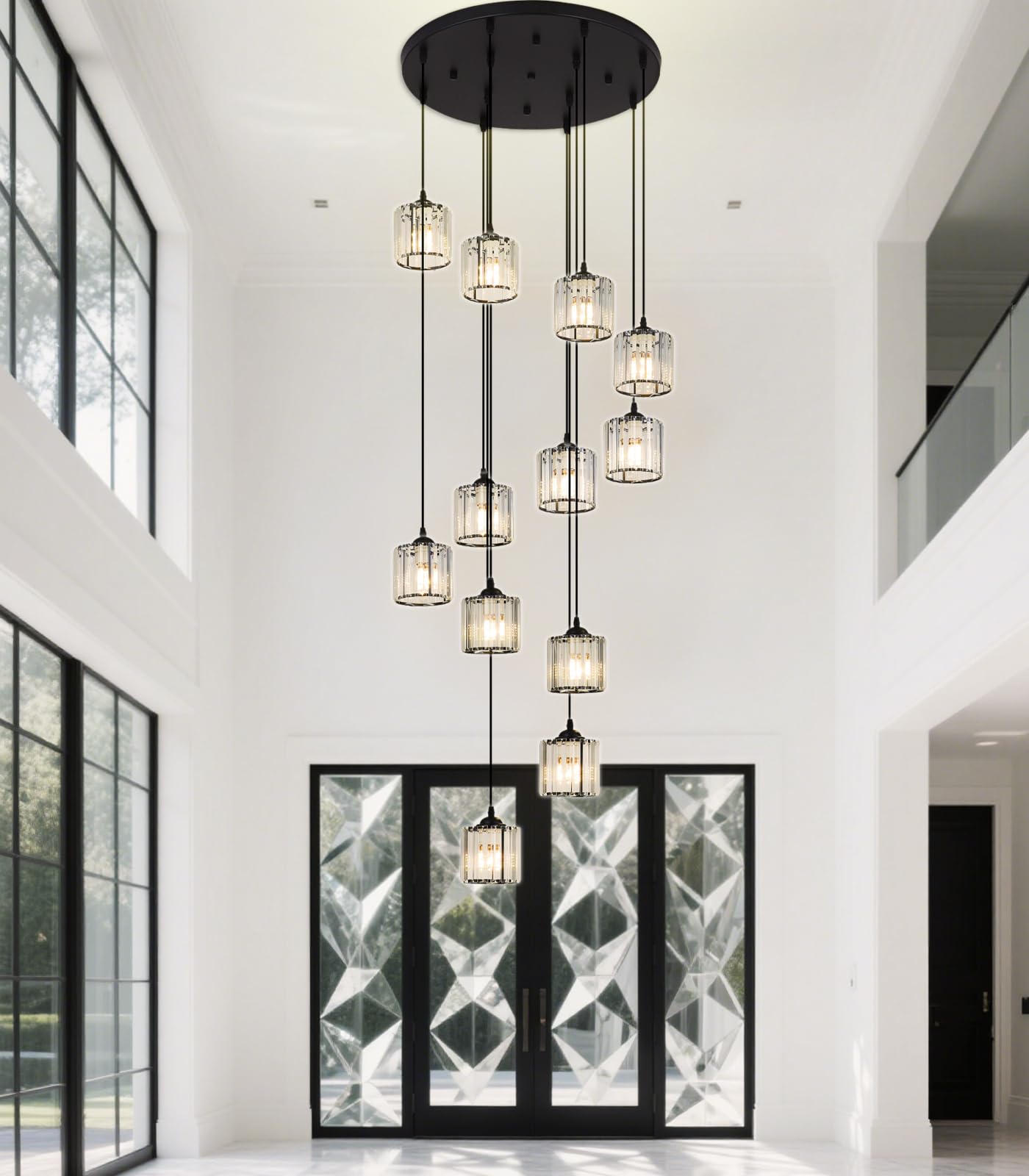 Meimond Long Chandeliers For High Ceilings Modern Crystal Pendant Light Raindrop Drop Lamp Hanging Flush Mount Lighting Fixtures For Spiral Staircase Foyer Entryway Living Room Black (12 Lights)