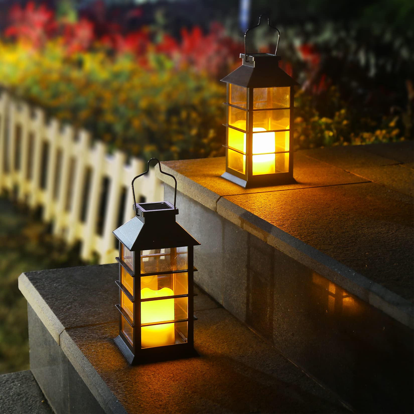 Newvivid 2 Pack Black Solar Powered Led Flickering Flameless Candle Lanterns For Outdoor Decor