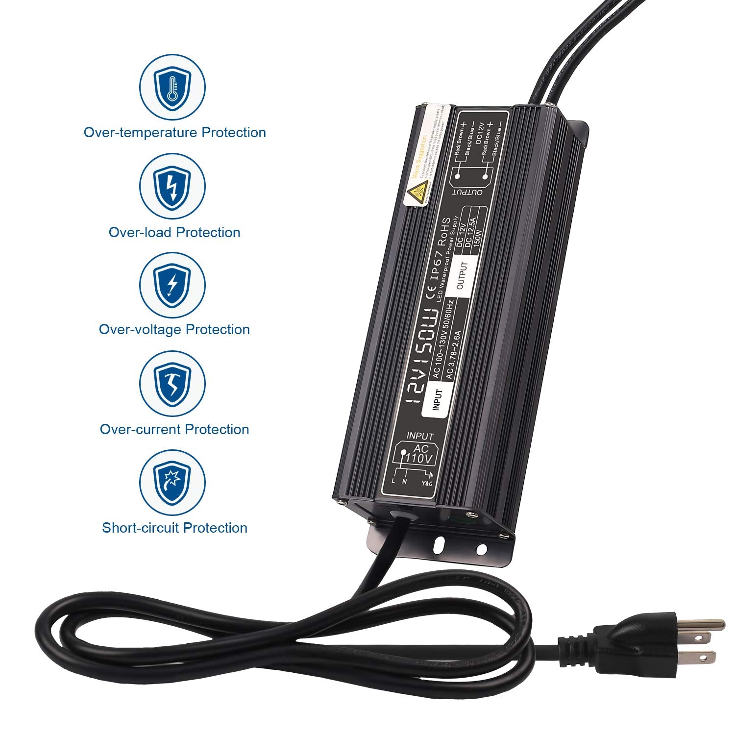 SUNVIE 150W LED Driver Power Supply, Waterproof IP67, 120V to 12V Transformer, Black, for Indoor/Outdoor LED Lights