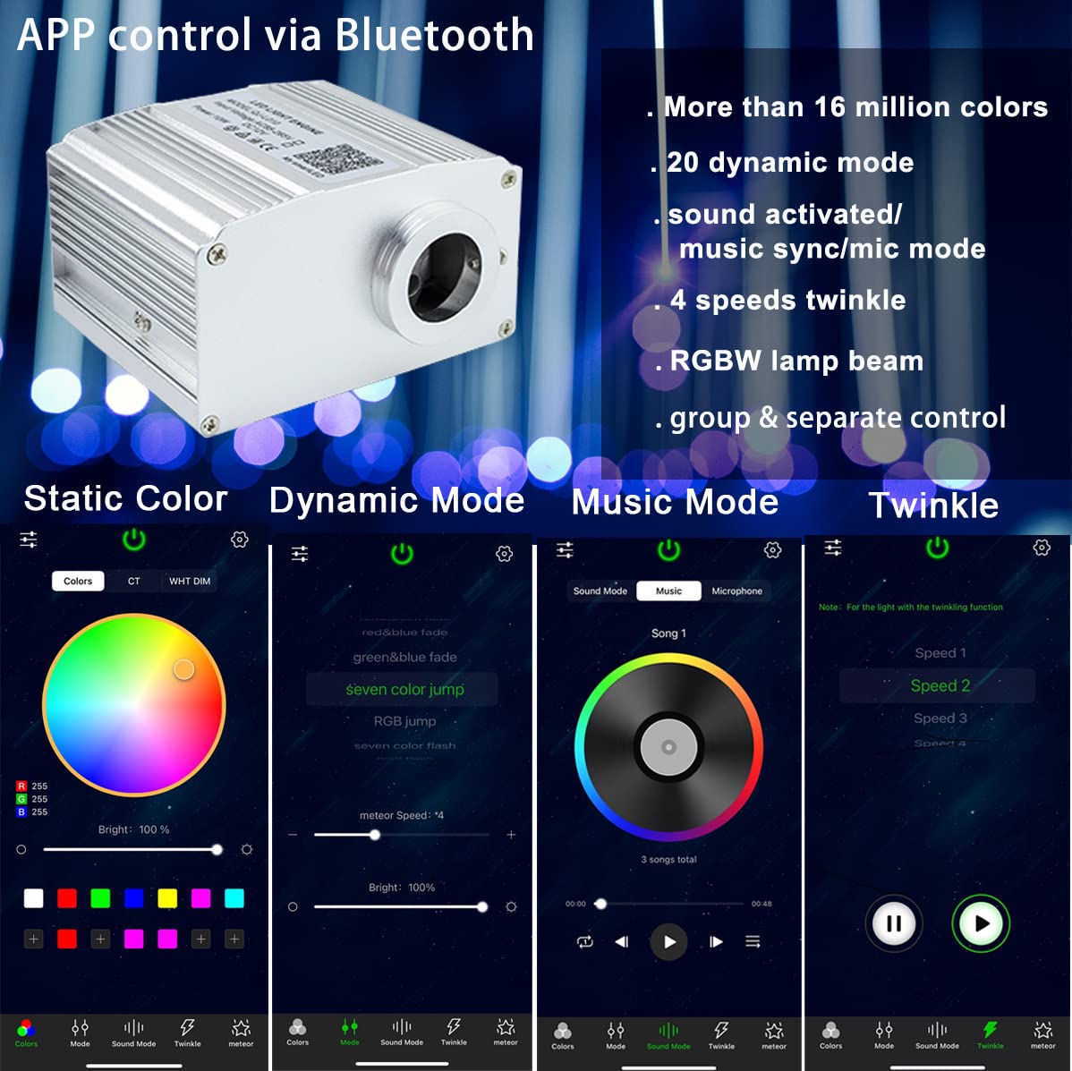 Azimom Bluetooth 10W Rgbw Fiber Optic Twinkle Lights Kit, 200Pcs Star Ceiling Decor