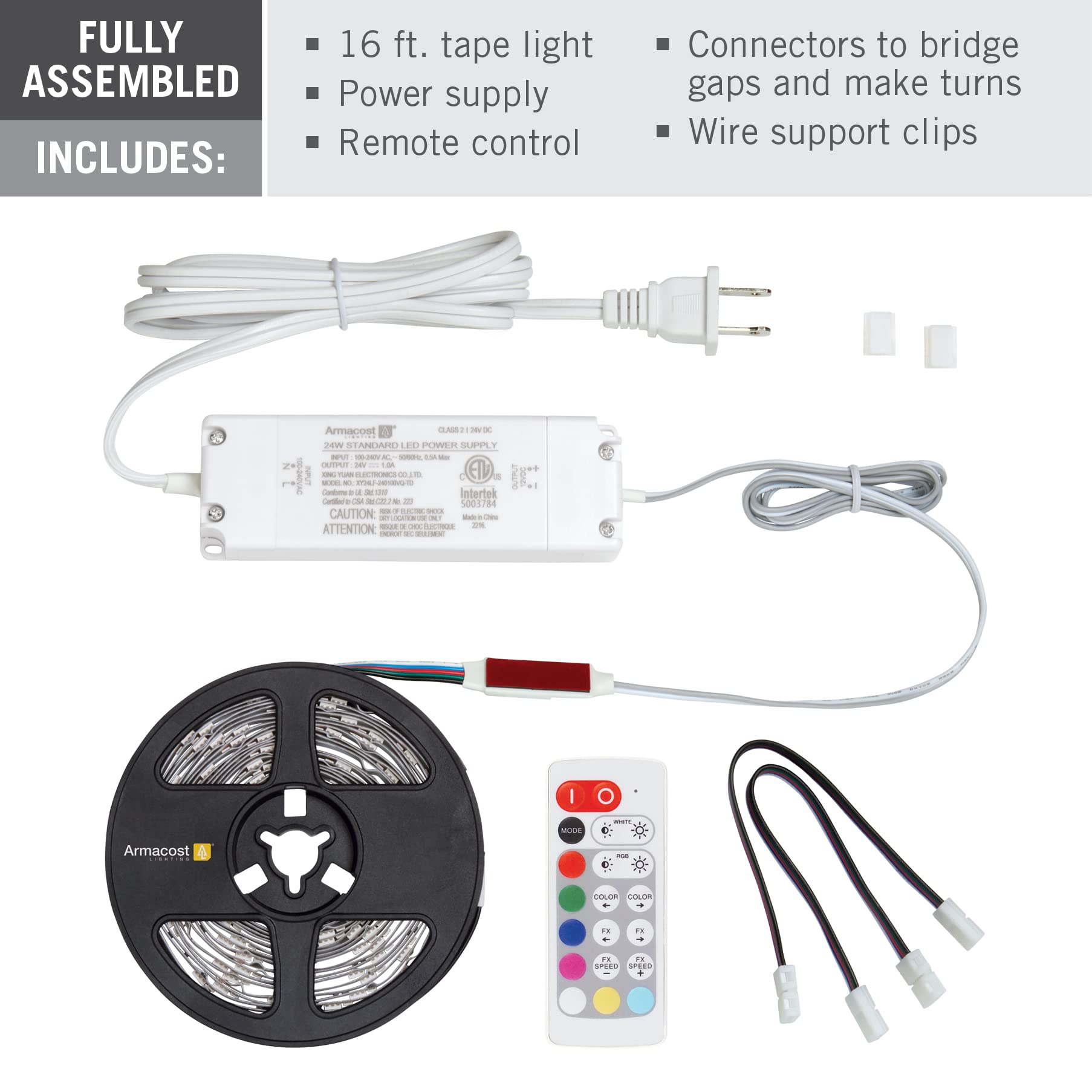 Armacost Lighting Ribbonflex Home 24V Rgb+W Hardwire Led Strip Light Kit, Multicolor, 16 Ft (423511)