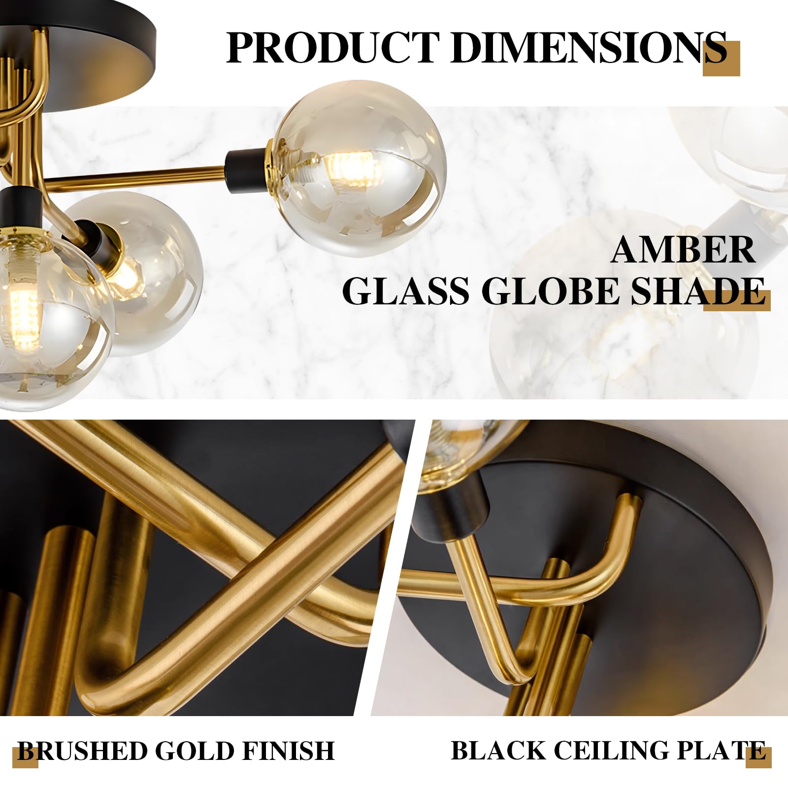 Kco Lighting 5-Light Mid-Century Modern Glass Globe Semi Flush Mount Ceiling Light Black And Gold Brush Metal Sputnik Chandelier