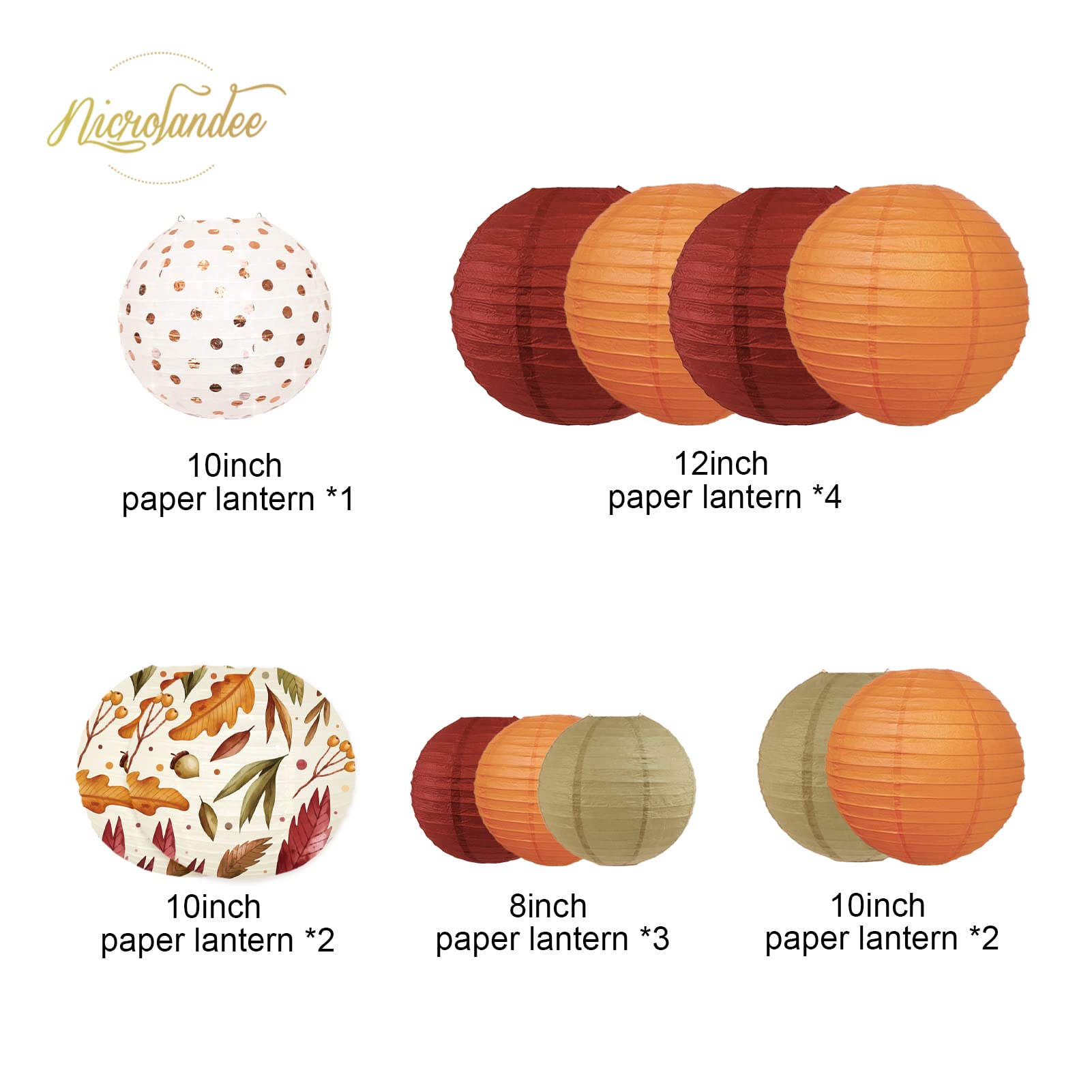 NICROLANDEE 12Pcs Burgundy Orange Maple Leaves Hanging Paper Lanterns Party Decorations for Thanksgiving, Wedding, Birthday, Bab