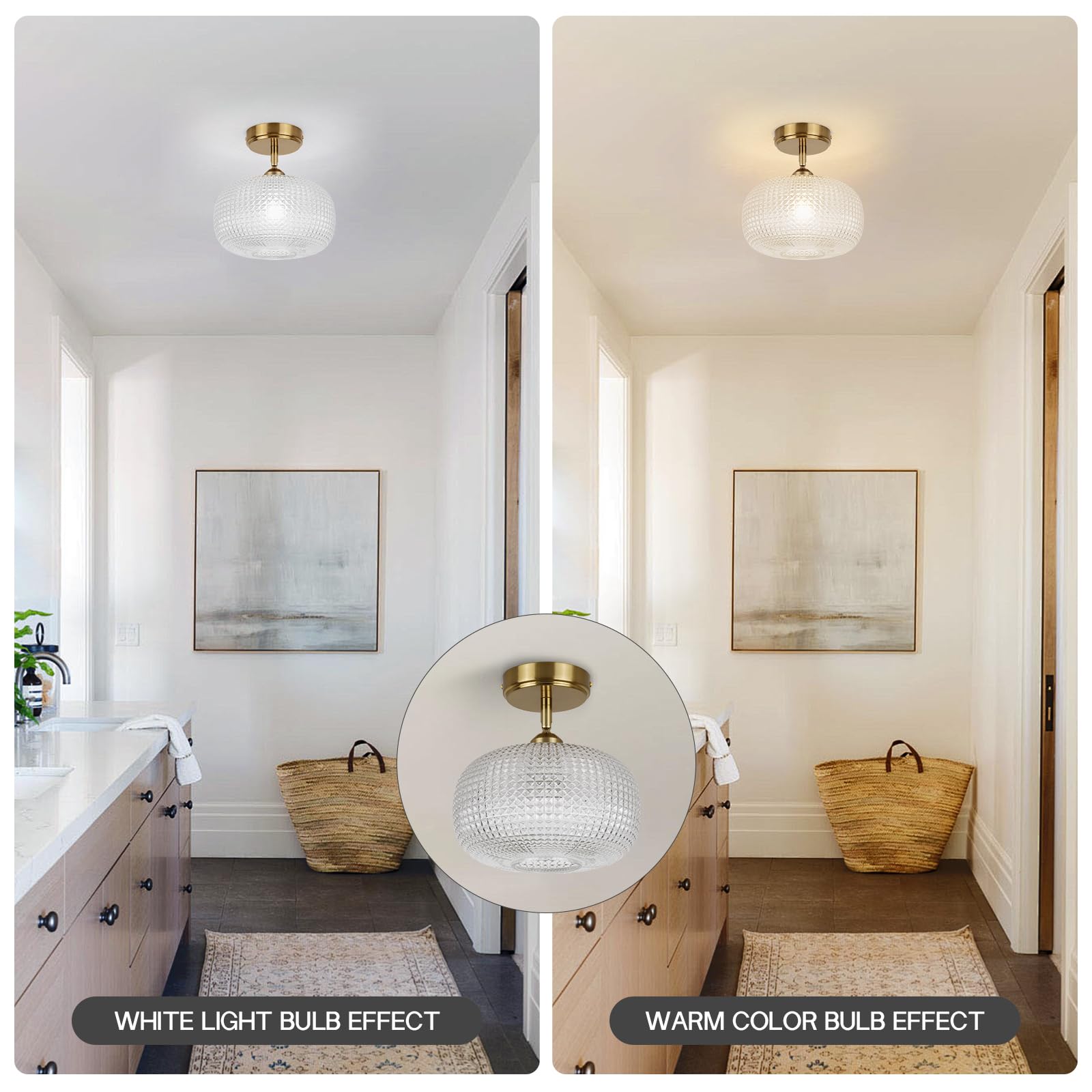 Clarsyne Glass Semi Flush Mount Ceiling Light Fixture, Gold Vintage Globe Lamp, Sloped Ceiling Adaptable, For Hallway, Kitchen,