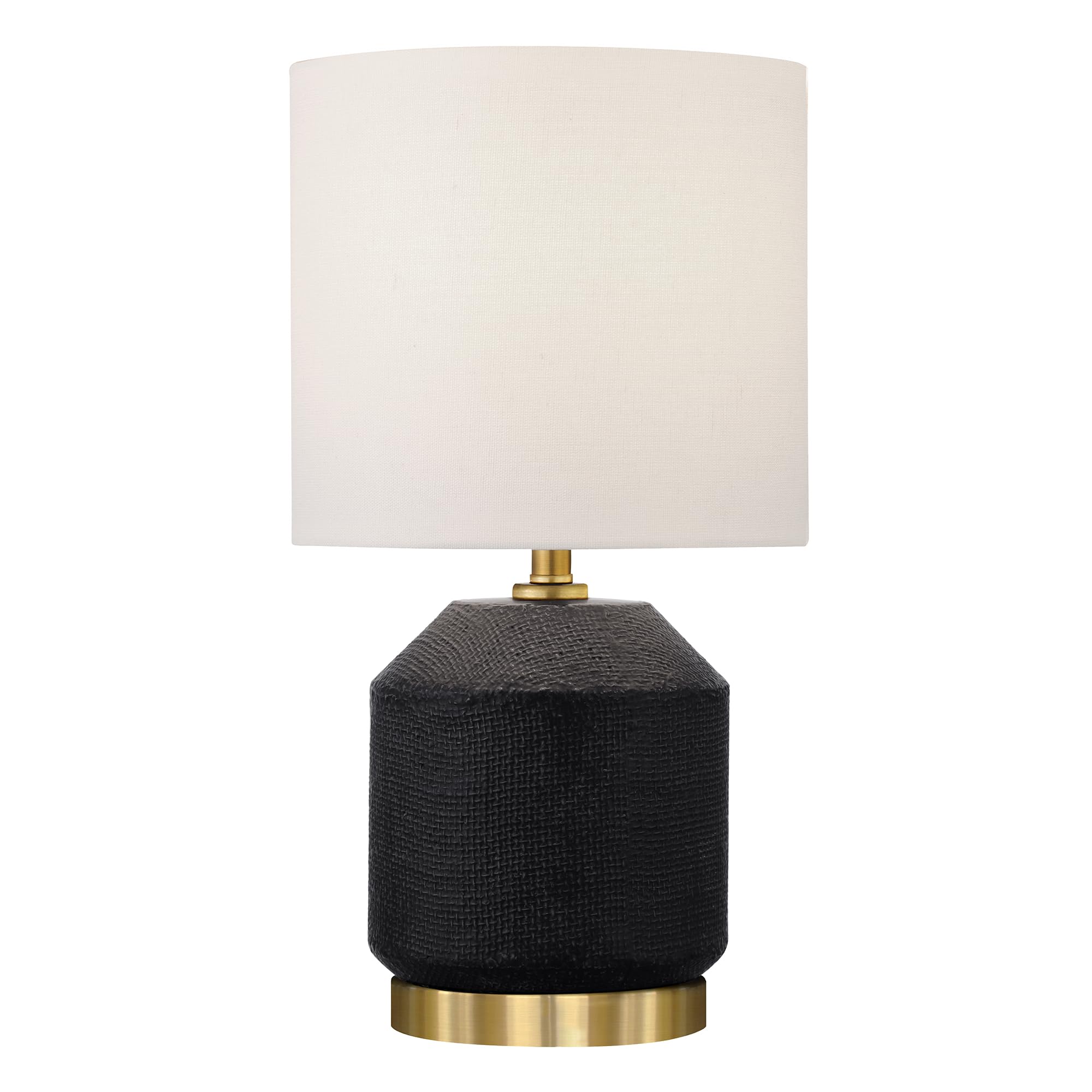Henn&Hart 15 Modern 1-Light Table Lamp with White Fabric Drum Shade for Living Room, Bedroom, or Office, Flat Black/Antique Gold