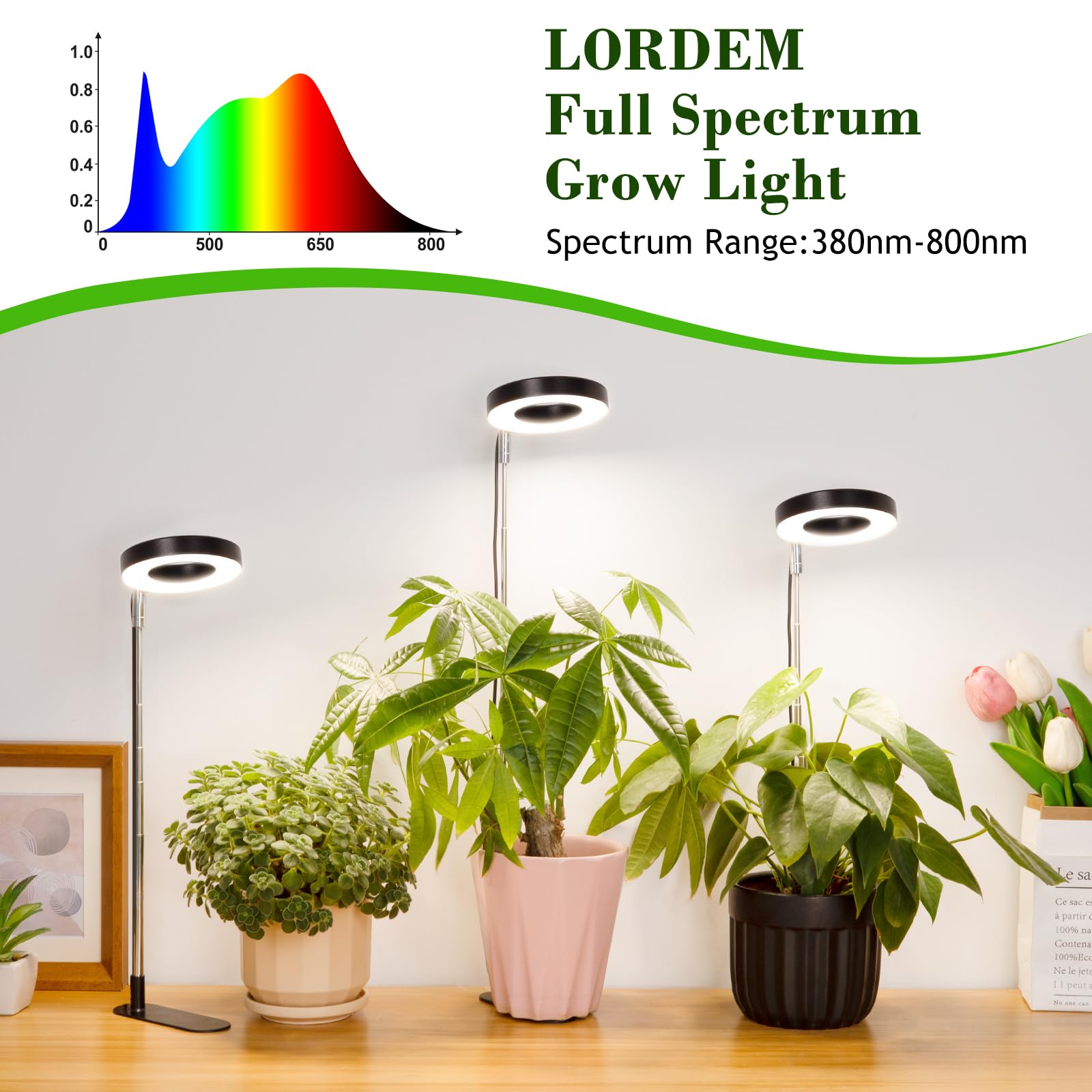 Lordem Grow Light, 48 Leds Plant Light For Indoor Plants, Full Spectrum Desk Grow Lamp With Automatic Timer For 4H/8H/12H, 4 Dimmable Levels, Height Adjustable 7.8&quot;-26&quot;, Black, 3 Pack