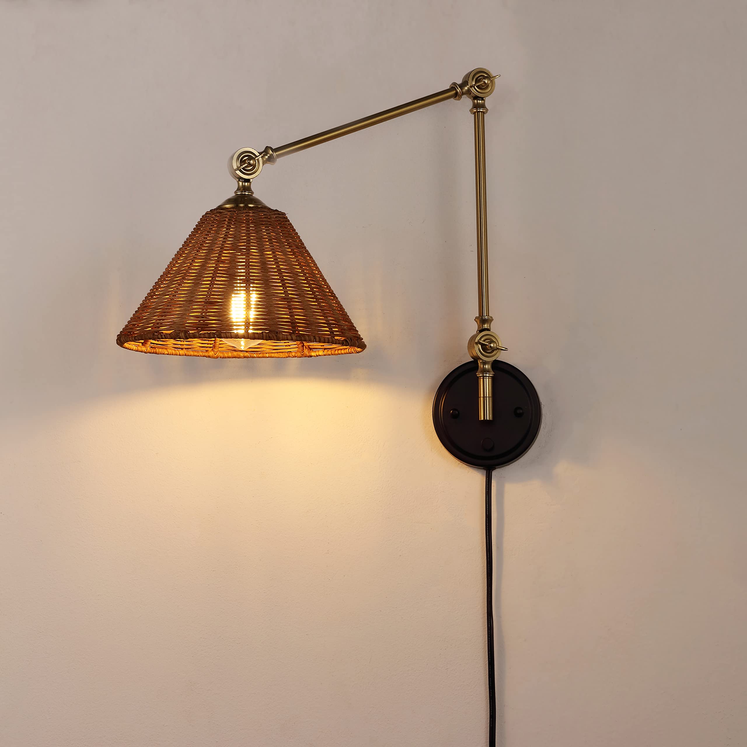 Wingbo Wall Sconce - Adjustable Rattan Wrapped Lamp, Brass & Wicker Shade, Gold/Black, Vintage Design, Plug-In Or Hardwire