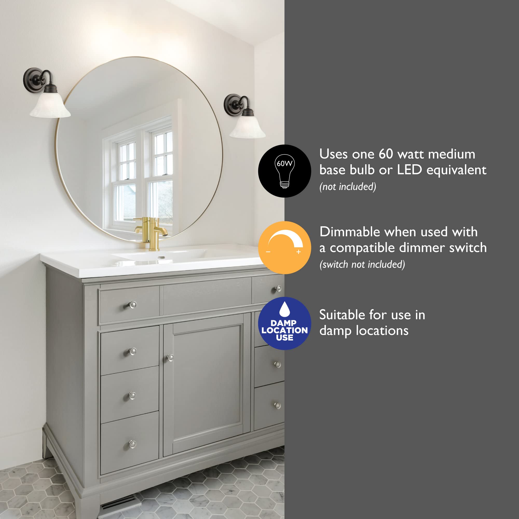 Design House 514497 Millbridge Wall Traditional 1 Indoor Dimmable Light With Alabaster Glass For Bathroom Hallway Foyer, Oil Rub