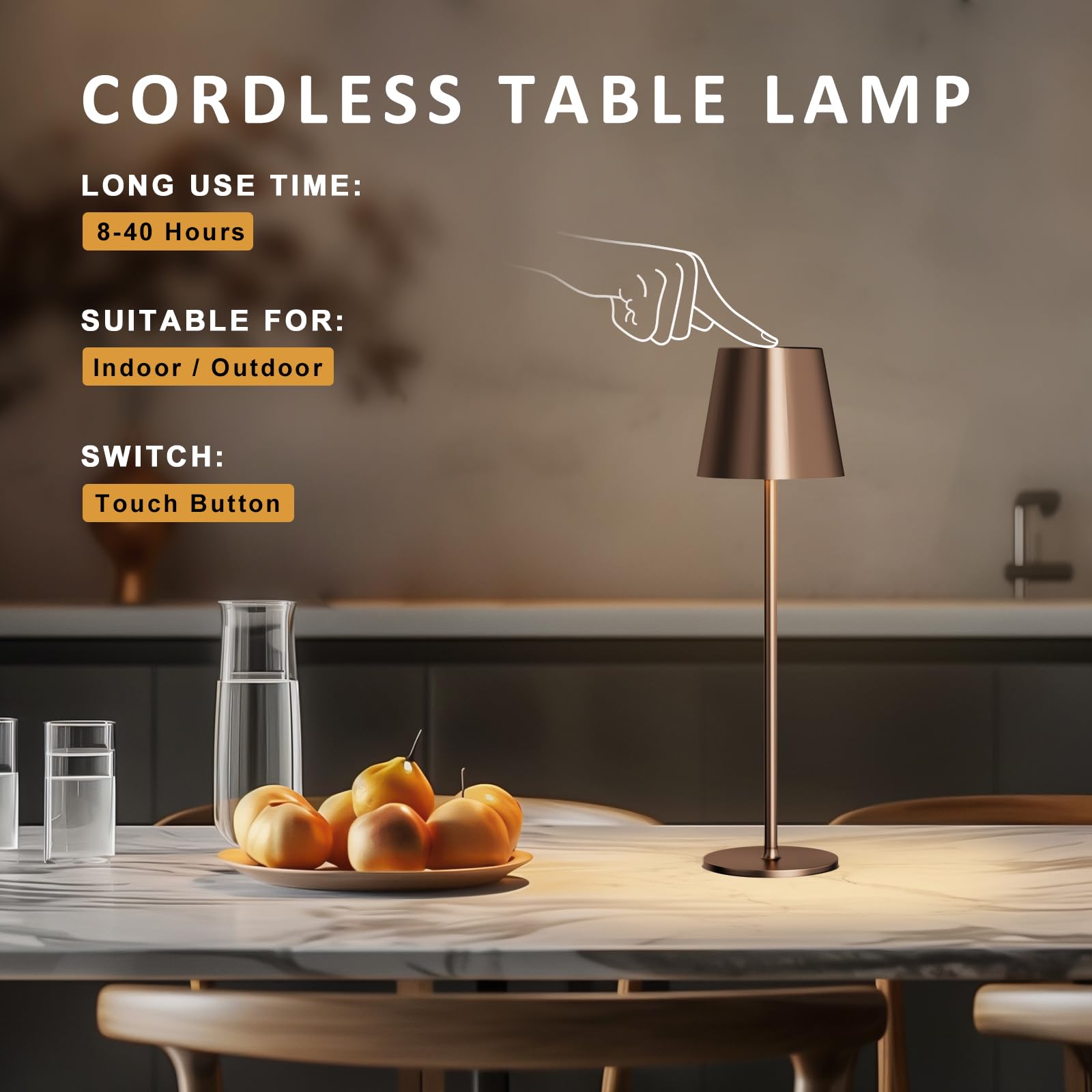 Kakanuo Cordless Table Lamps Set of 2 - Portable LED, Wireless Rechargeable, 3 Color Stepless, Brown, Ideal for Restaurant, Bar, Party, Camping