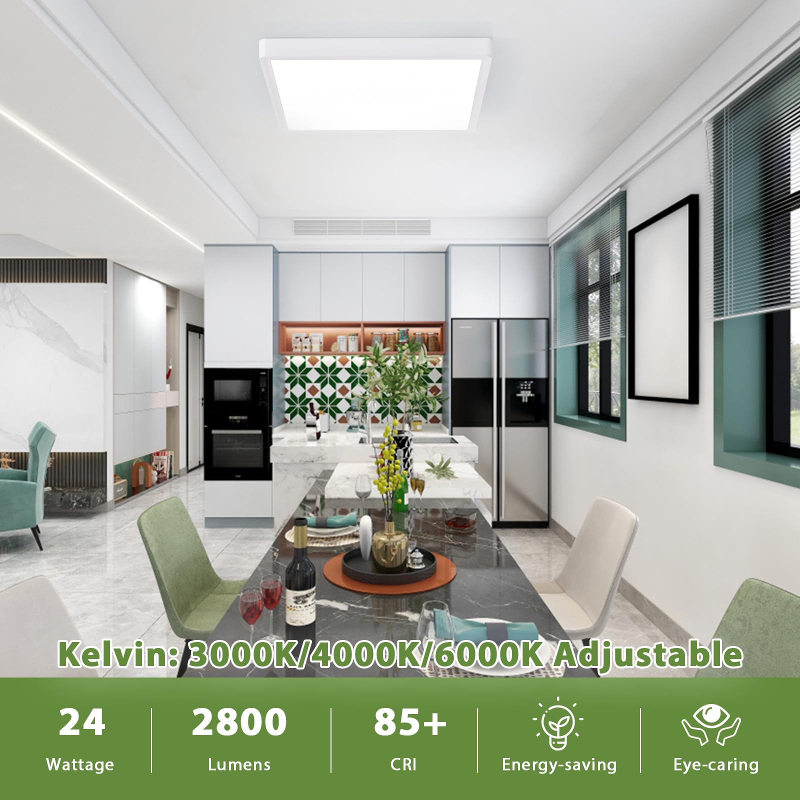 Rezant 12 Inch 24W Square LED Ceiling Light Fixture, 3000K/4000K/6000K Adjustable, White - 4 Pack, 2800LM, Plastic