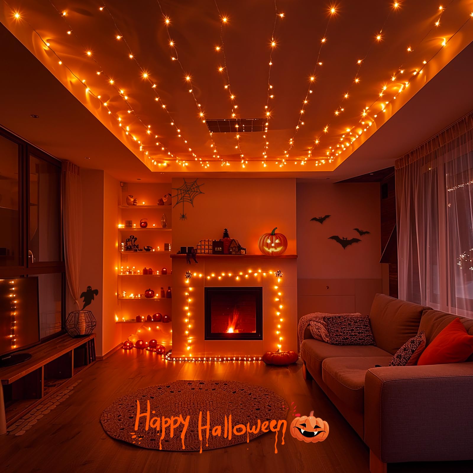 JMEXSUSS 132ft 400 LED Orange String Lights, 8 Modes, Plug-in, Outdoor/Indoor Halloween & Thanksgiving Decoration