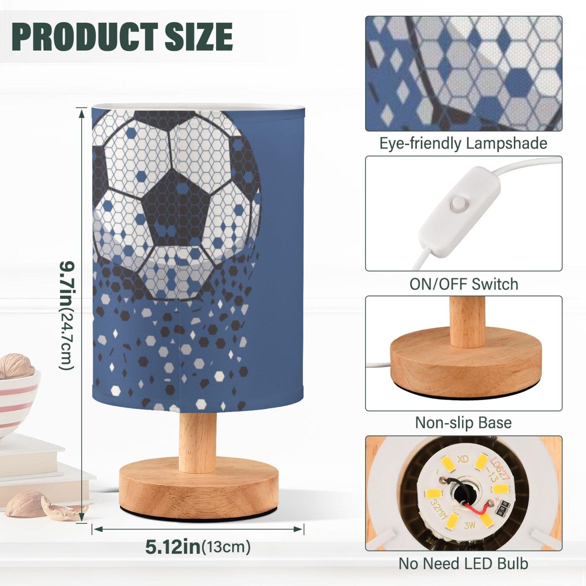 Yyzzh Table Lamp Sparkling Soccer Ball American Football Sport Design Nightstand Lamp With Wood Base Fabric Lamp Shade Bedside D