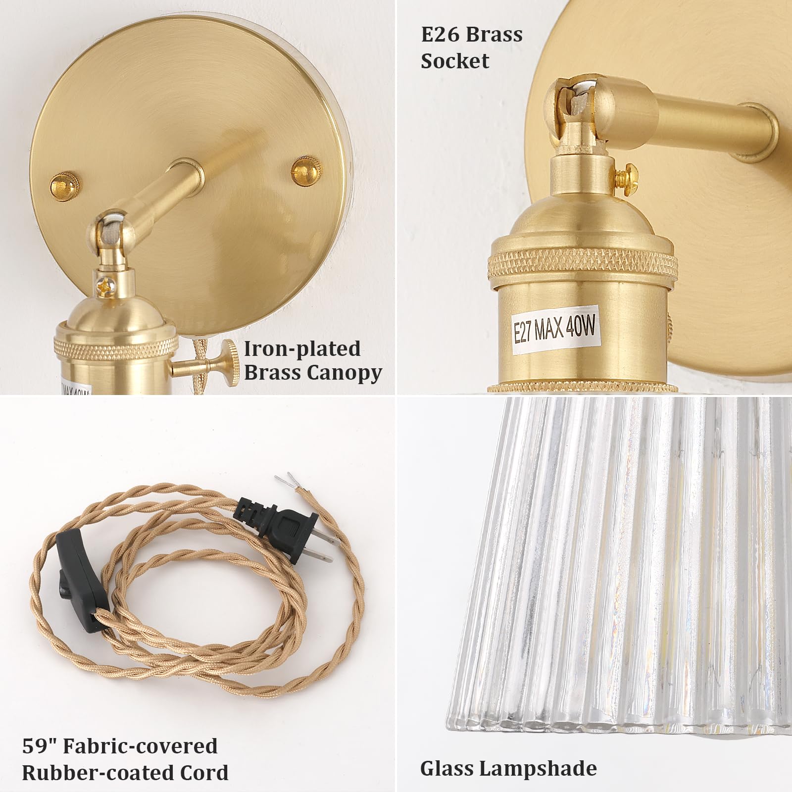 Shenmoyl Wall Sconce, Transparent Stripe Glass Lampshade, Plugin Size, Clear Color, Model 1-9336
