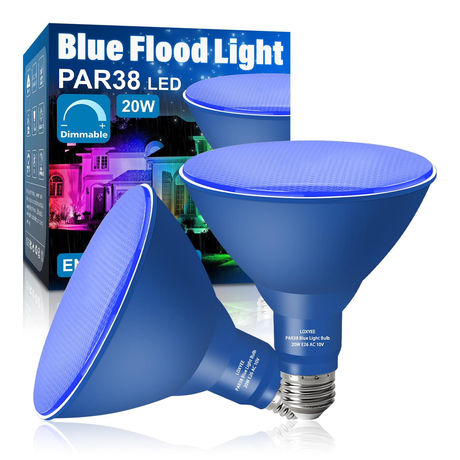 LOXYEE PAR38 Flood Light Bulb, Dimmable, E26 Base, 2 Pack, Blue, Outdoor, 20W Replace to 200W
