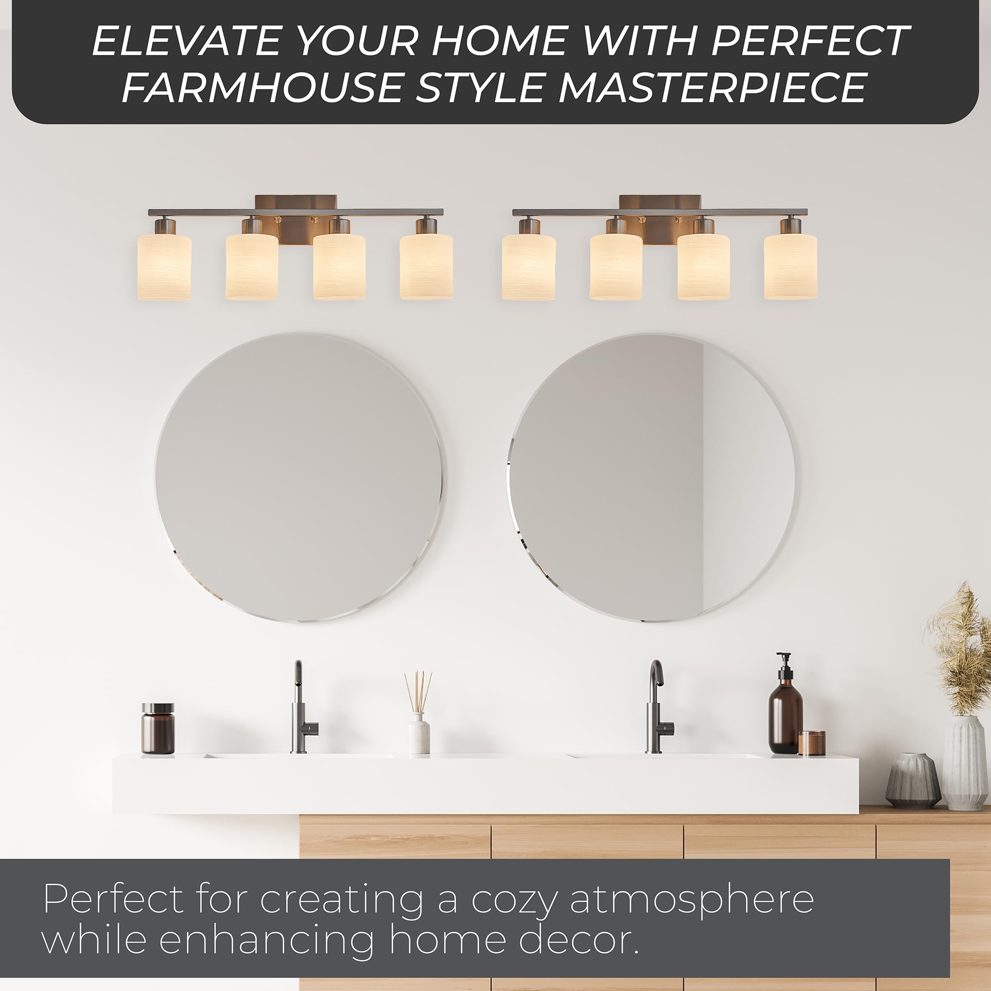 The Door Bull Modern Bathroom Vanity Light, Brushed Nickel, 4 Lights, Milky White Glass Shades, Model VNT-1000