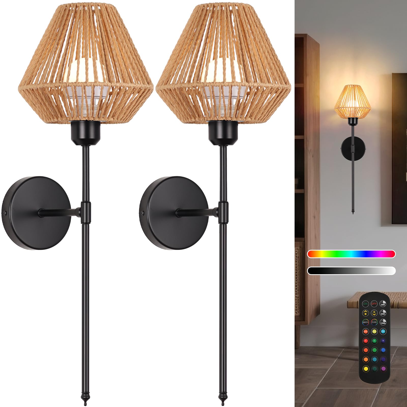 Ovyiech Battery Operated Wall Sconces Set of 2,Rattan Rechargeable Wall Light Dimmable with Remote Control,15 Color Changing and