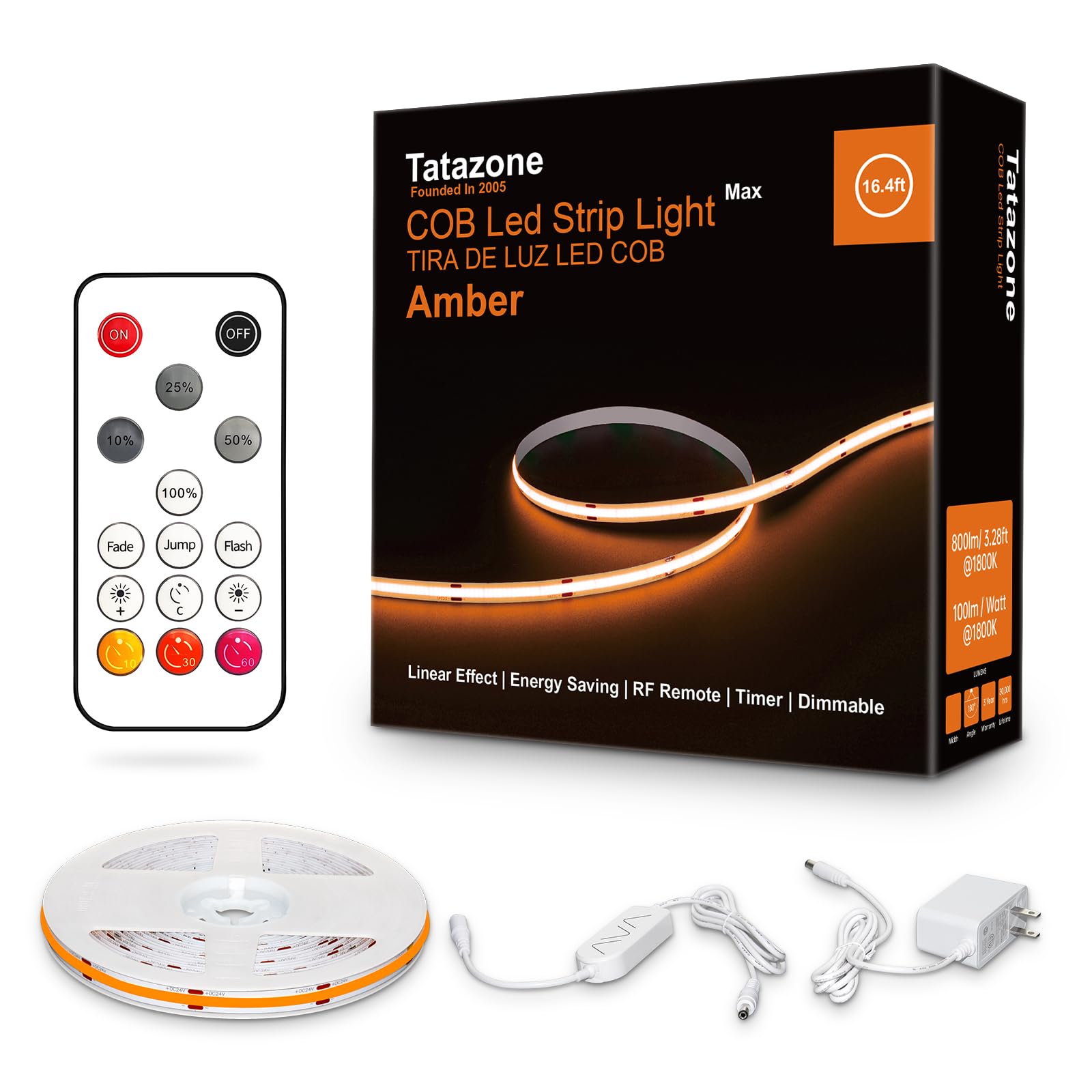 Tatazone 16.4ft 1800K COB Led Strip Lights with RF Remote, Dimmable Bright Adhesive Indoor Amber Led COB Light Strip for Cabinet