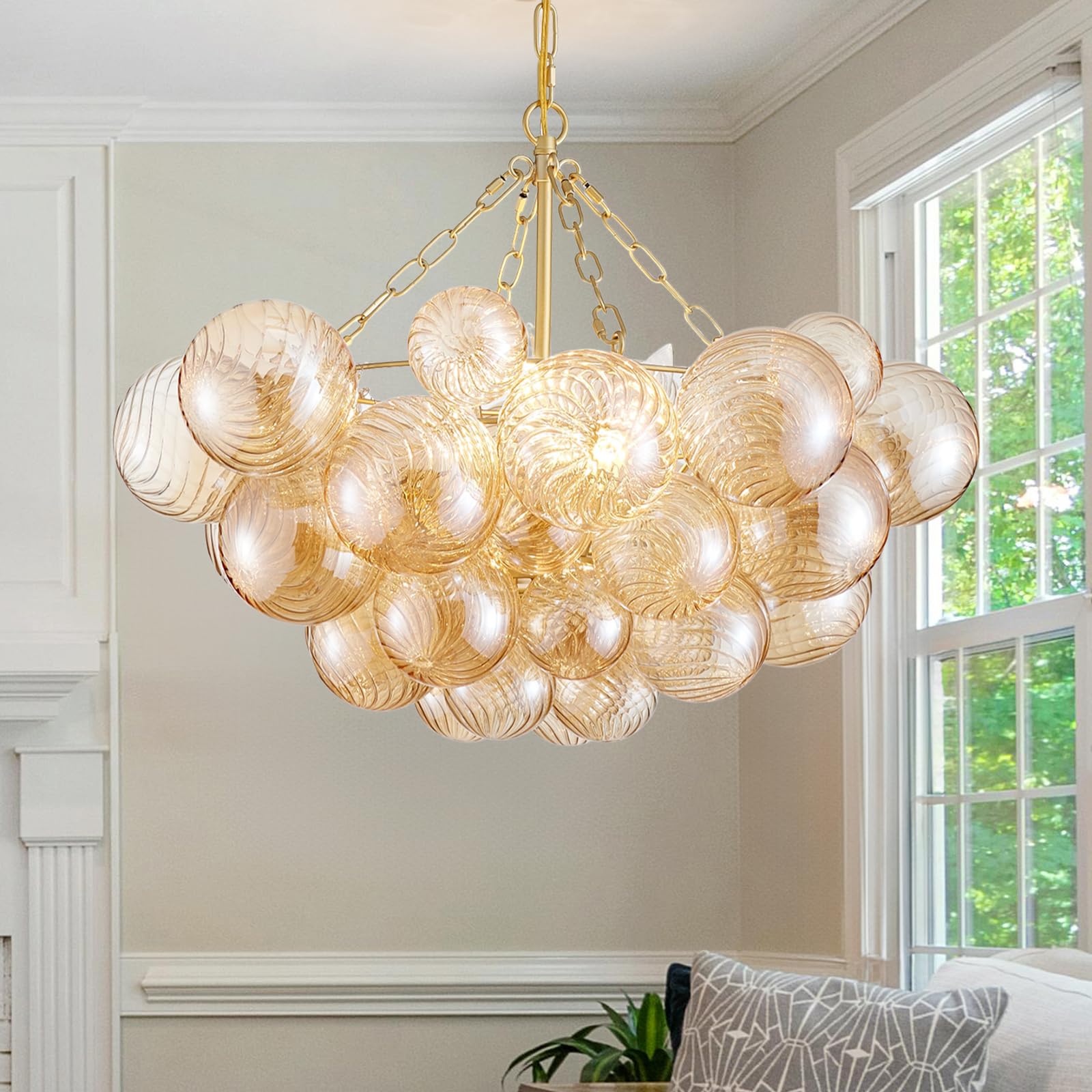 SM Saint Mossi 5-Light Bubble Ball Glass Chandelier, Amber Glass with Gold Frame, Modern Dining Room Lighting, Model SM-DY-24017