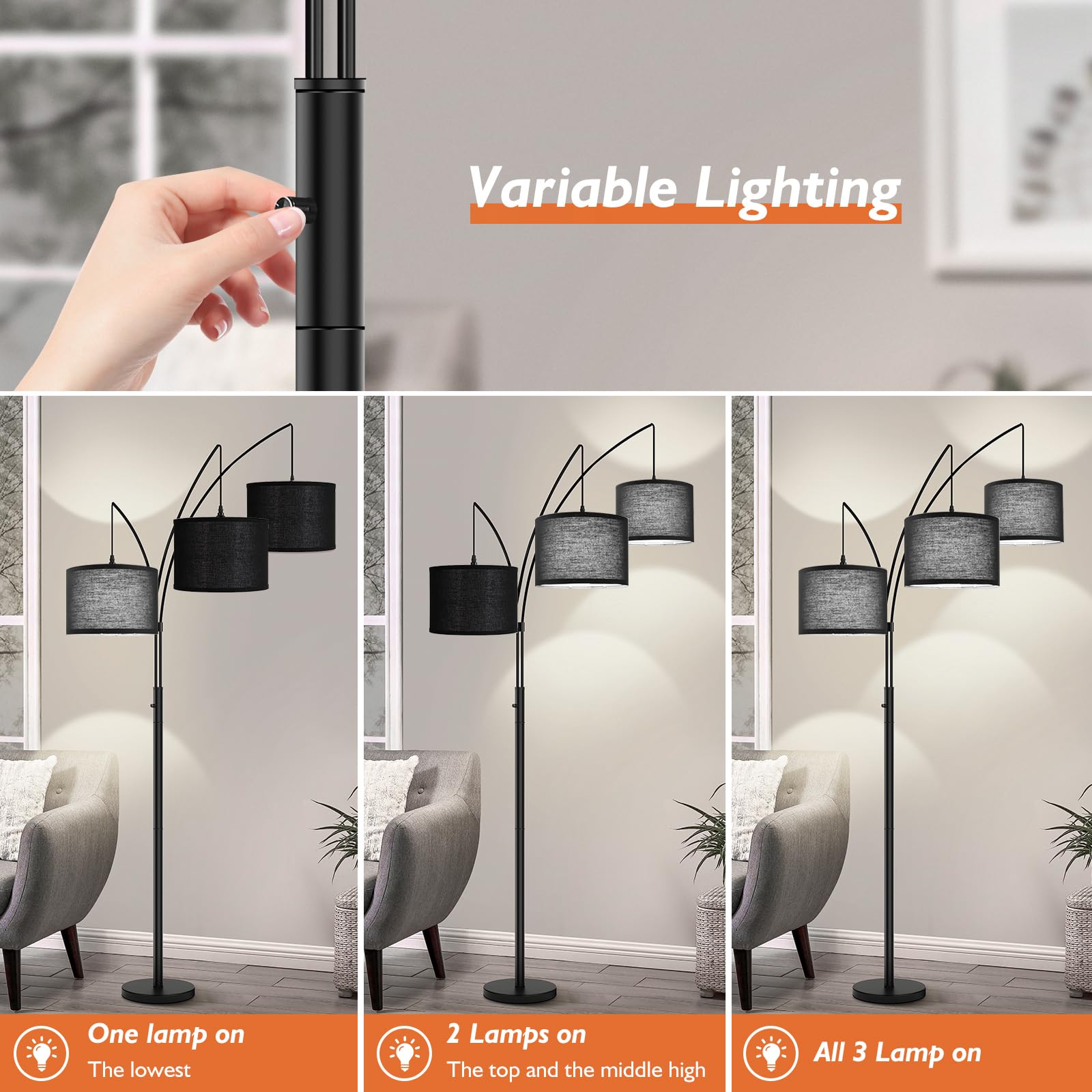 3 Lights Arc Floor Lamps For Living Room,Modern Tall Standing Lamp Hanging Over The Couch With Shades & Heavy Base,Mid Century B