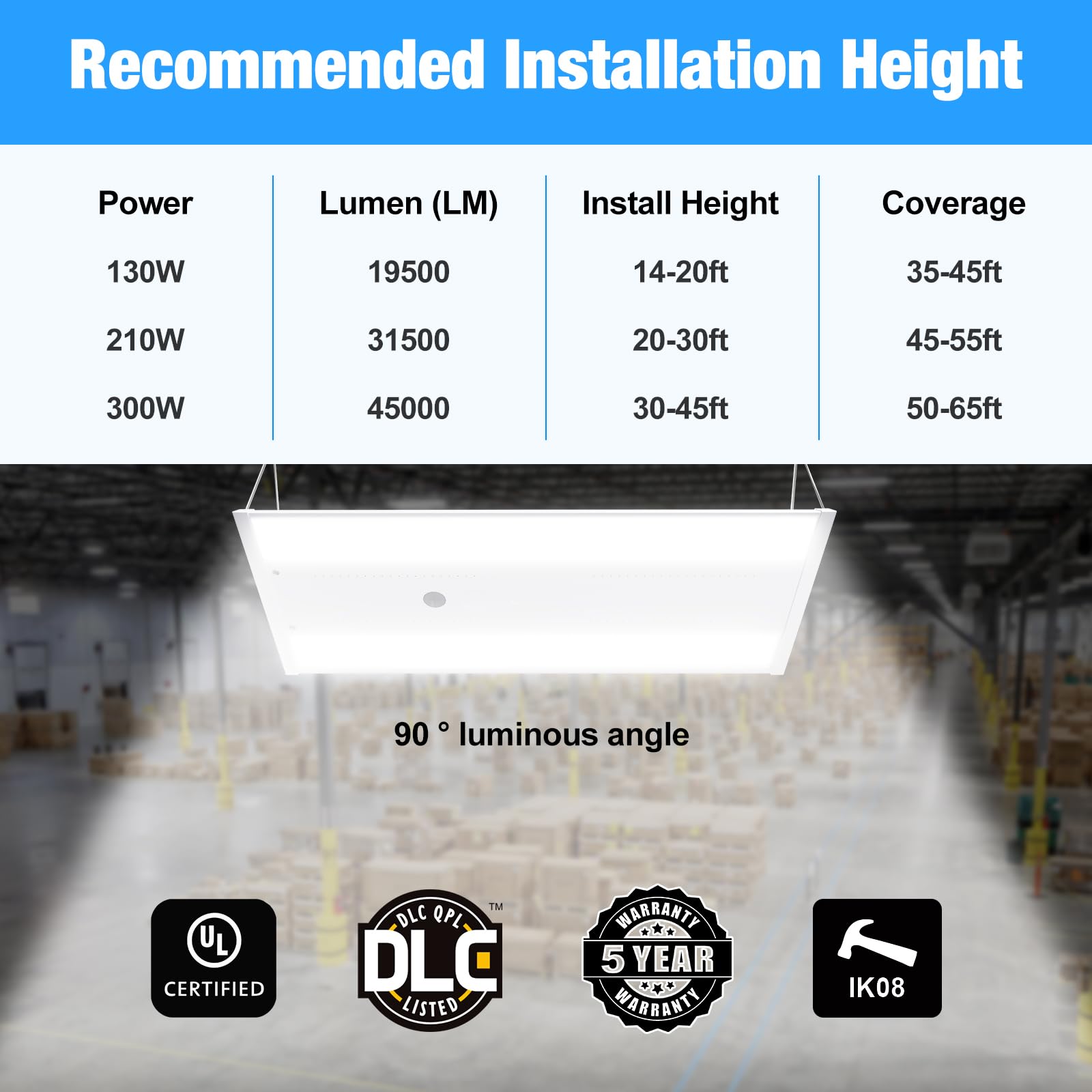 G GJIA LED Linear High Bay Light 4-Pack, 300W, 45000LM, Dimmable, 5000K Daylight, Aluminum, White, UL Listed