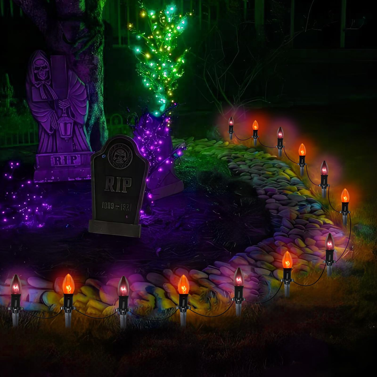 Konictom Halloween Pathway Lights, 10 Pack C9 Orange/Black Stake Lights, Waterproof 19.5Ft