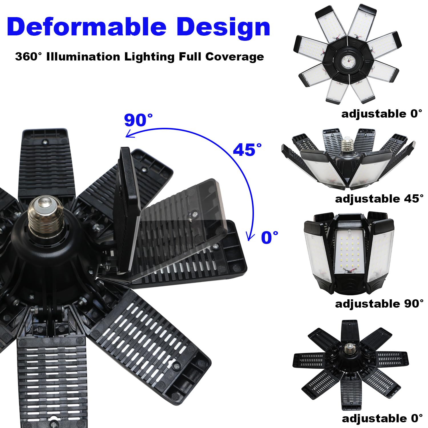 Meiqils 250W LED Garage Light, 25000 Lumen, 8+1 Adjustable Panels, 6500K Daylight, Black, 2Pack