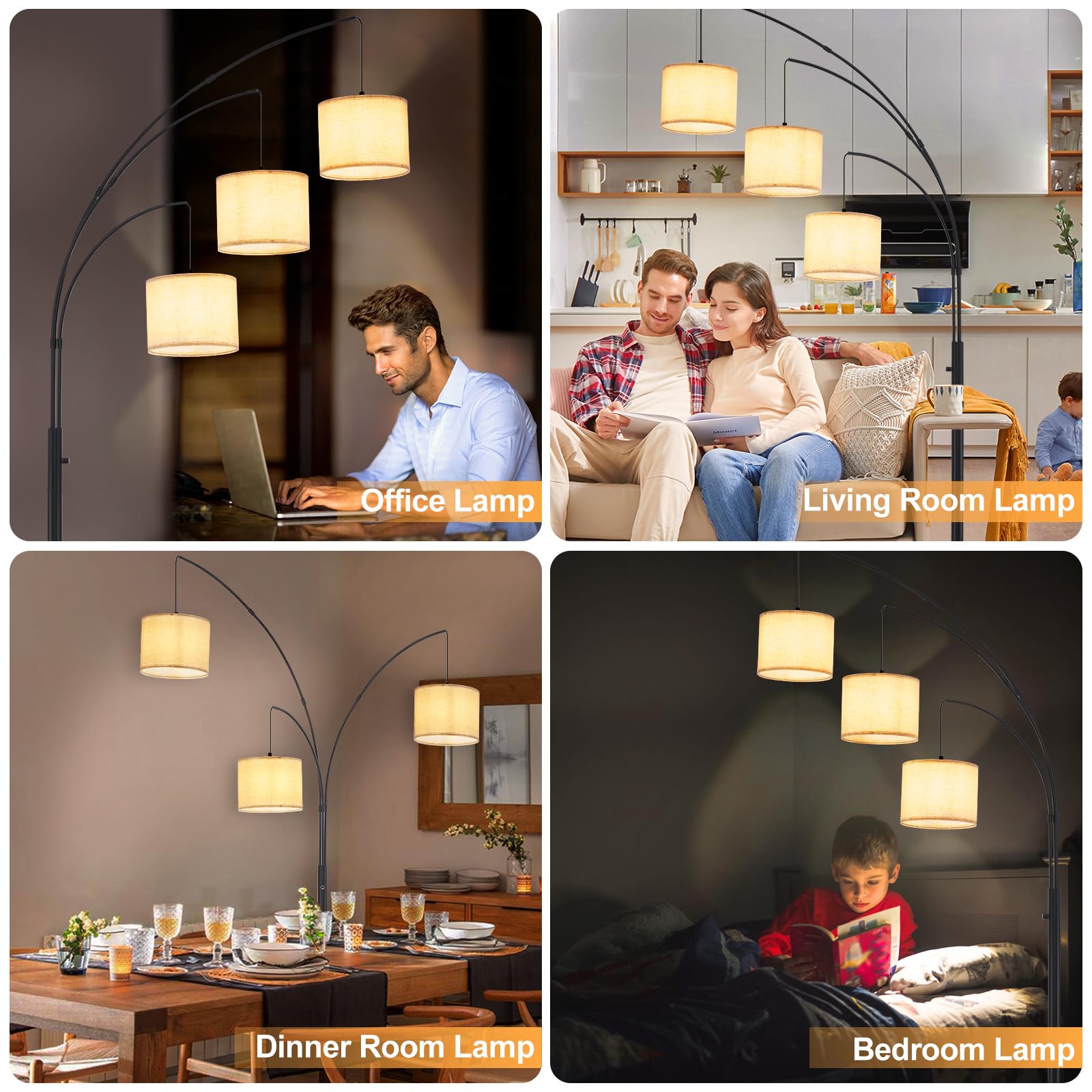 DINGLILIGHTING Modern 3-Light Floor Lamp, Black Metal with Beige Shades, Dimmable Arc Design, Model WS-MNF27-60B-BG