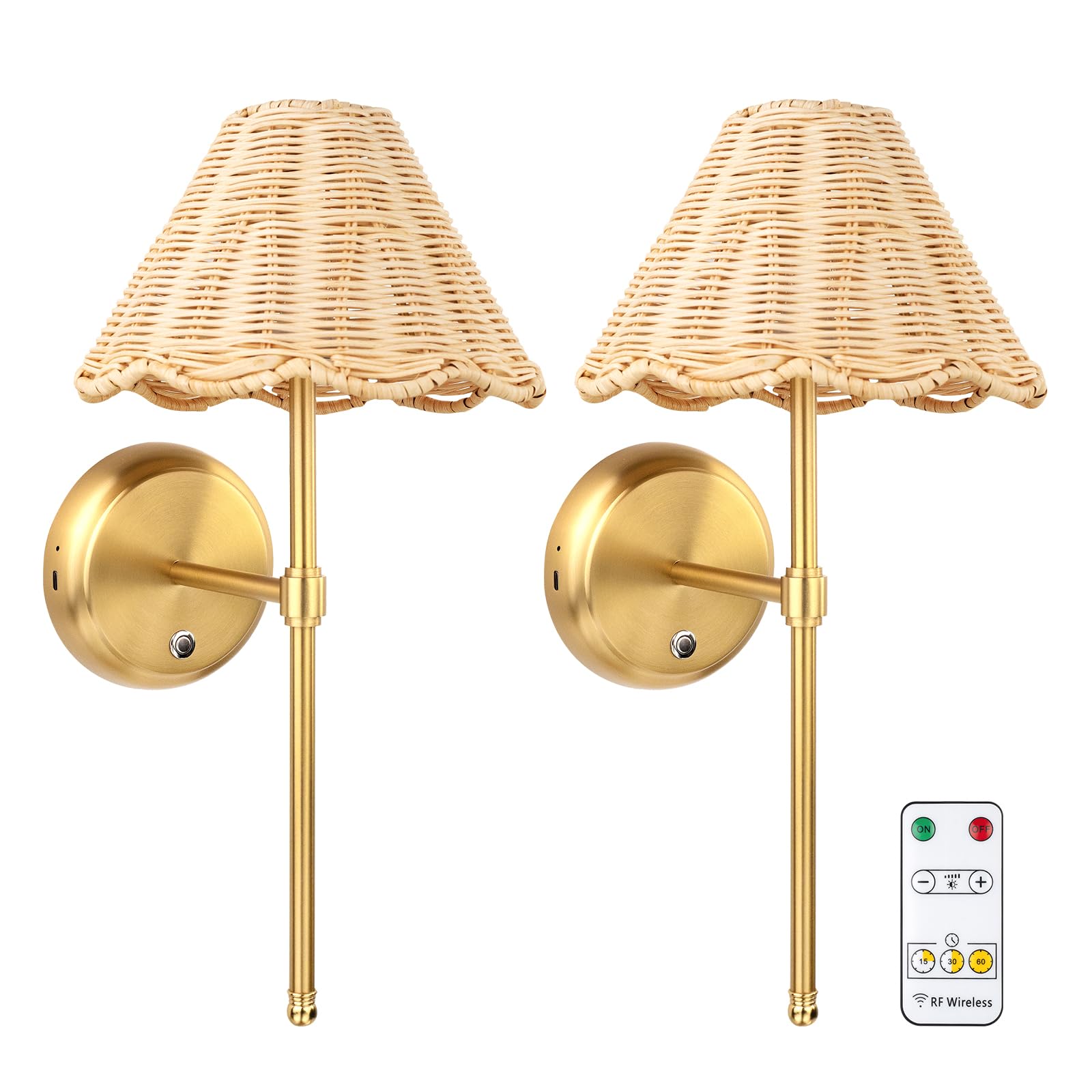 Folux Battery Operated Boho Rattan Wall Sconce Set of 2  Stepless Dimming Magnetic Wall Lamp  5200mAh Rechargeable Battery and Integrated LED  for Living Room Bedroom Hallway Corridor