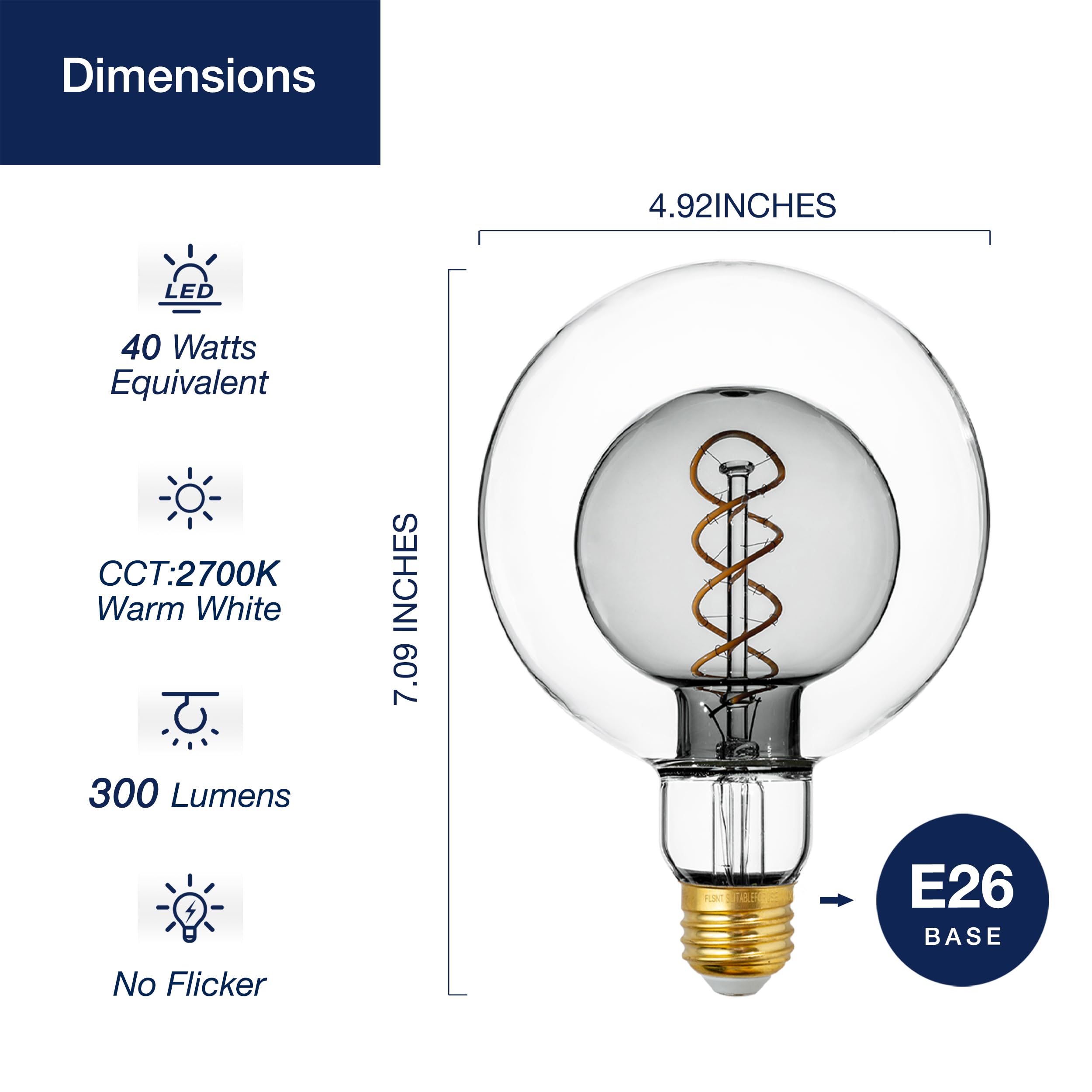 FLSNT Vintage Dimmable LED Bulb, 7W (40W Equivalent), 2700K Soft White, E26 Base, Grey Glass, Model DSG12540FIL-S27