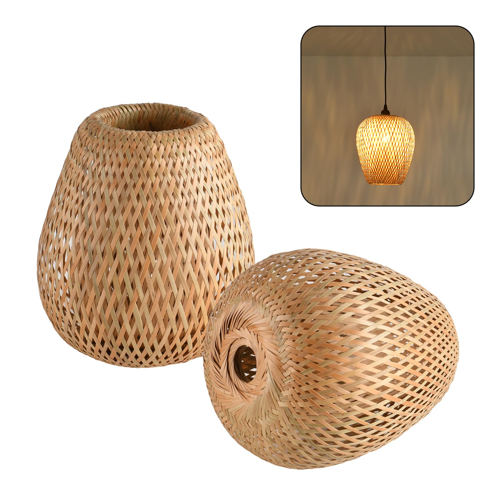Teru Ji Kaikang 2-Pack Bamboo Lamp Shade,Hand-Woven Bamboo Rattan Hanging Light Shade,D 9.84'' Rattan Table Lamp Shade for Floor
