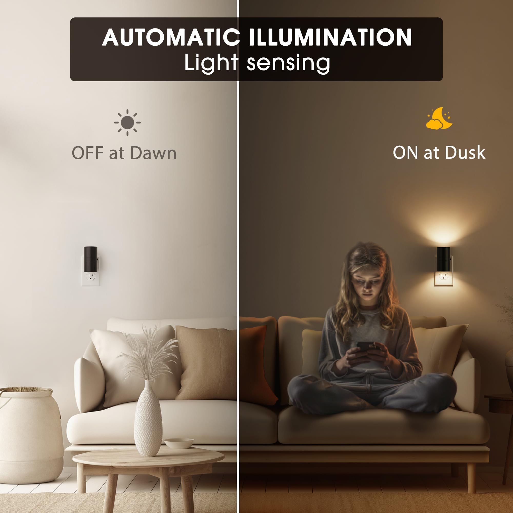 Briignite LED Night Light Plug in, Dusk to Dawn Sensor, Dimmable, 4 Pack, Soft White 3000K, Adjustable Brightness, Black-3000K