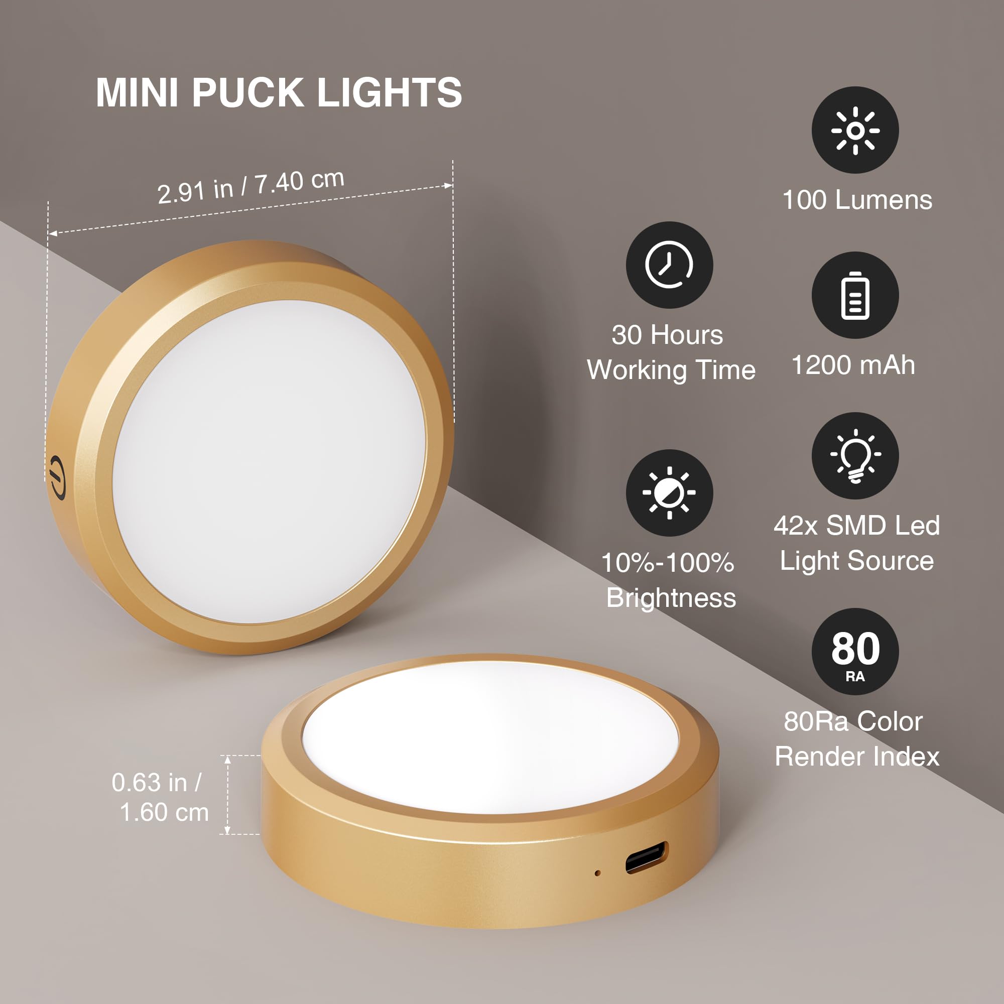 MICLIONLED Rechargeable Puck Lights with Remote Control, LED Under Cabinet, 2 Pack, Gold, Model M3-GB17