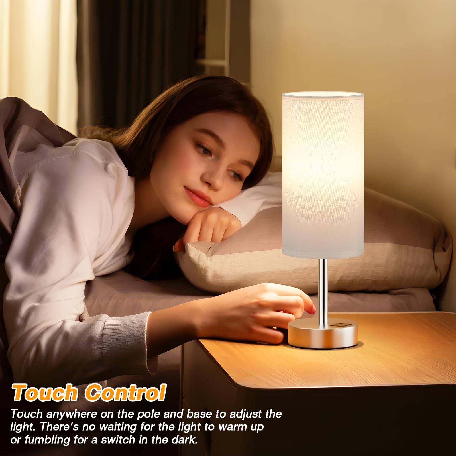 White Touch Bedside Lamp With Usb - 3 Way Dimmable Table Lamp For Bedroom, Nightstand Lamp With Nickel Charging Station And Silv