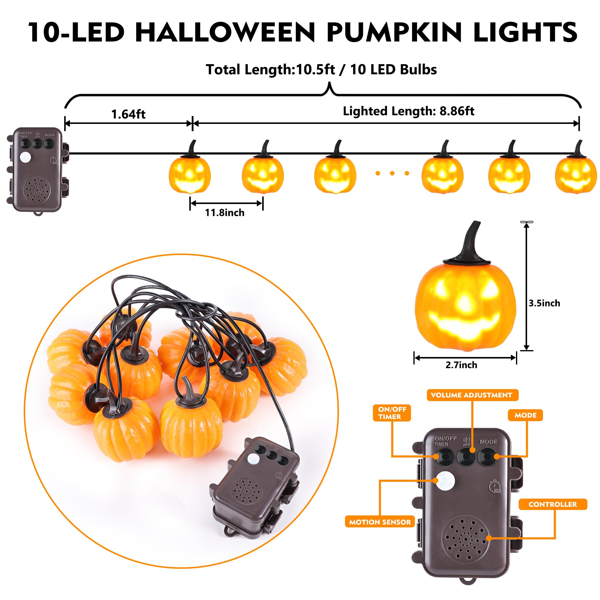 Jnaurb Motion Sensor Halloween Pumpkin Lights, 10 LED, 8.8ft, Waterproof, 6 Modes, Orange