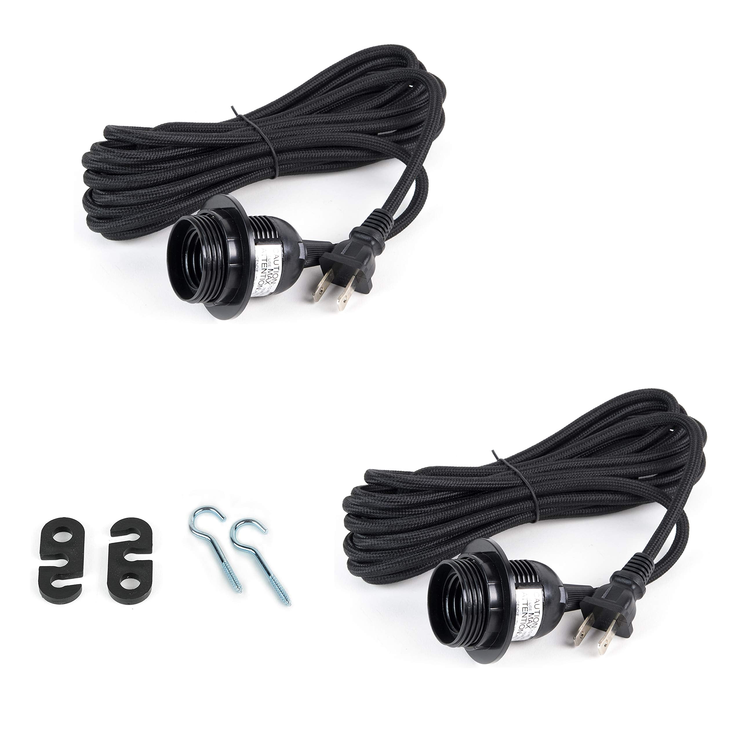 Rustic State Pendant Lamp Cord - 15ft Braided Cable, E-26/E-27 Socket, 2 Prong Plug, Set of 2, Black